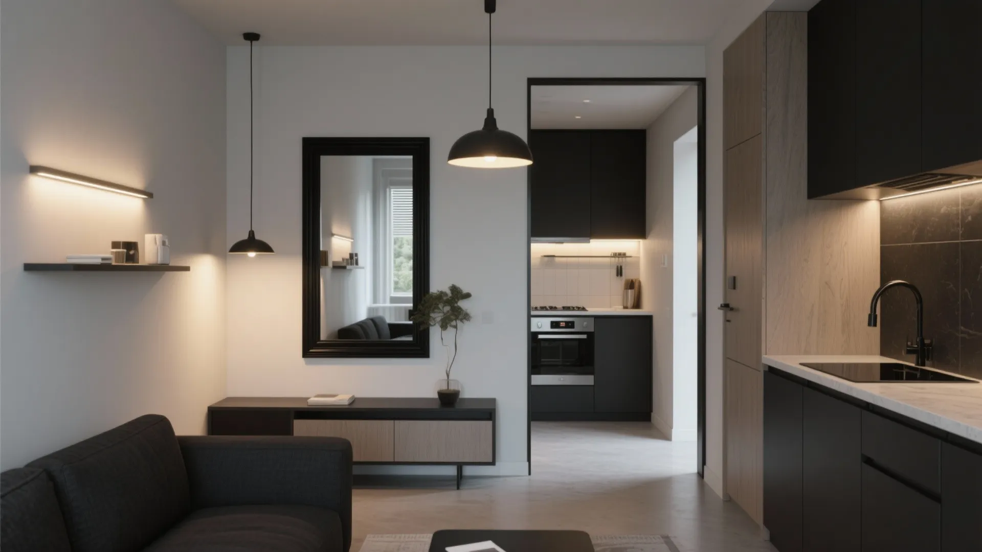 Modern open living room and kitchen area with black furniture warm lights and a mirror