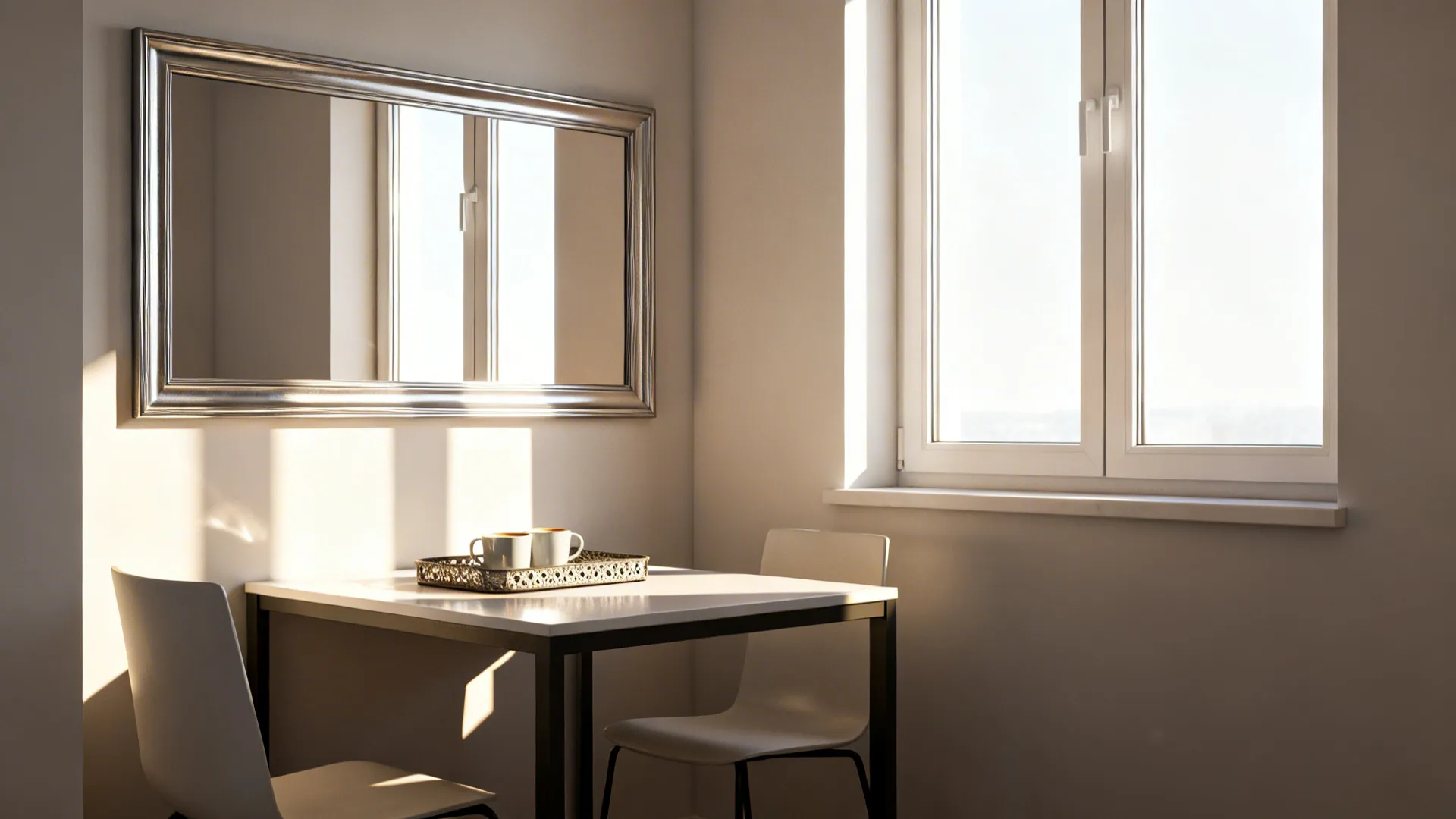 Rectangular mirror opposite a window reflecting sunlight across a small breakfast nook.