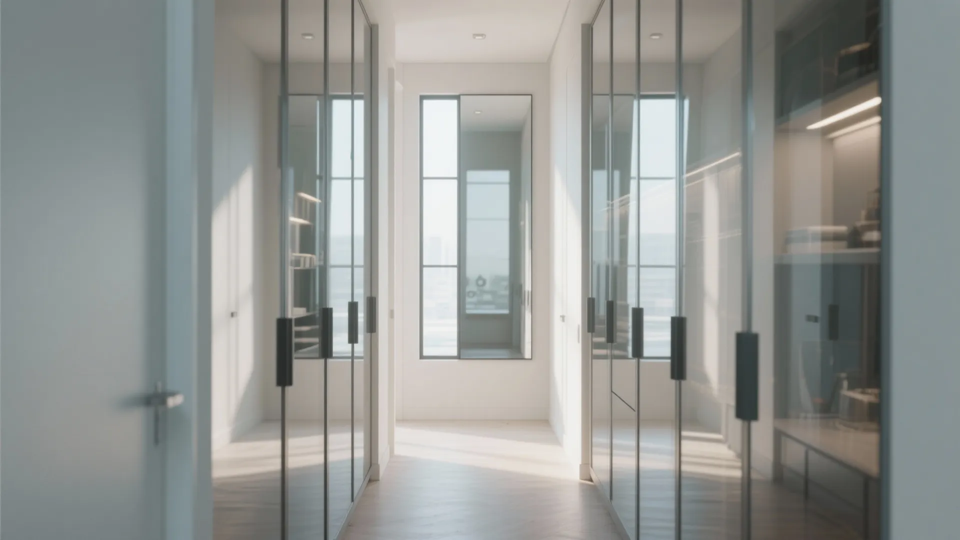 Corridor brightened by a large wall mirror opposite a narrow window and glass cabinets
