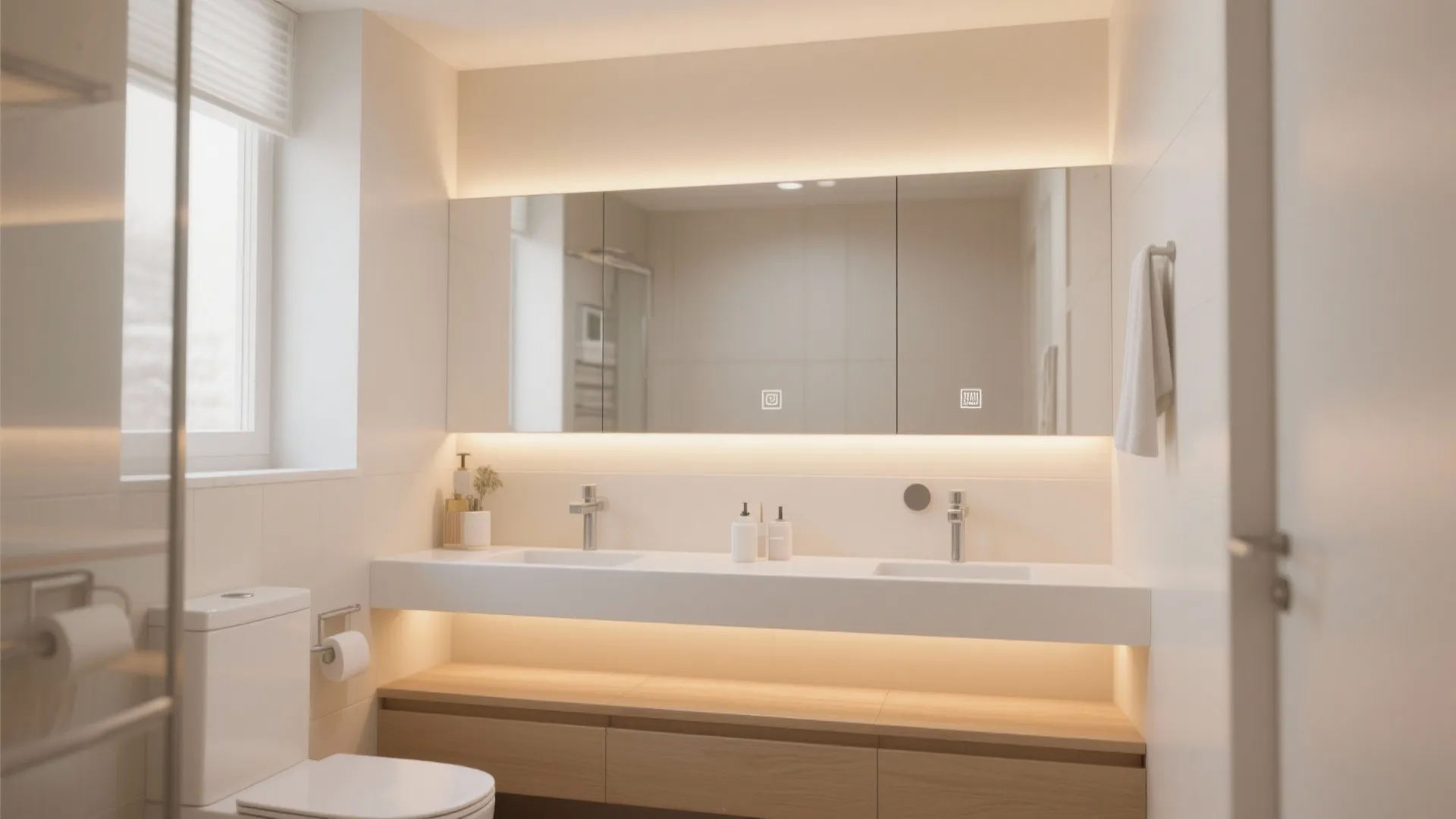 Modern bathroom with double sink vanity large lit mirror wooden cabinets toilet and soft warm lighting