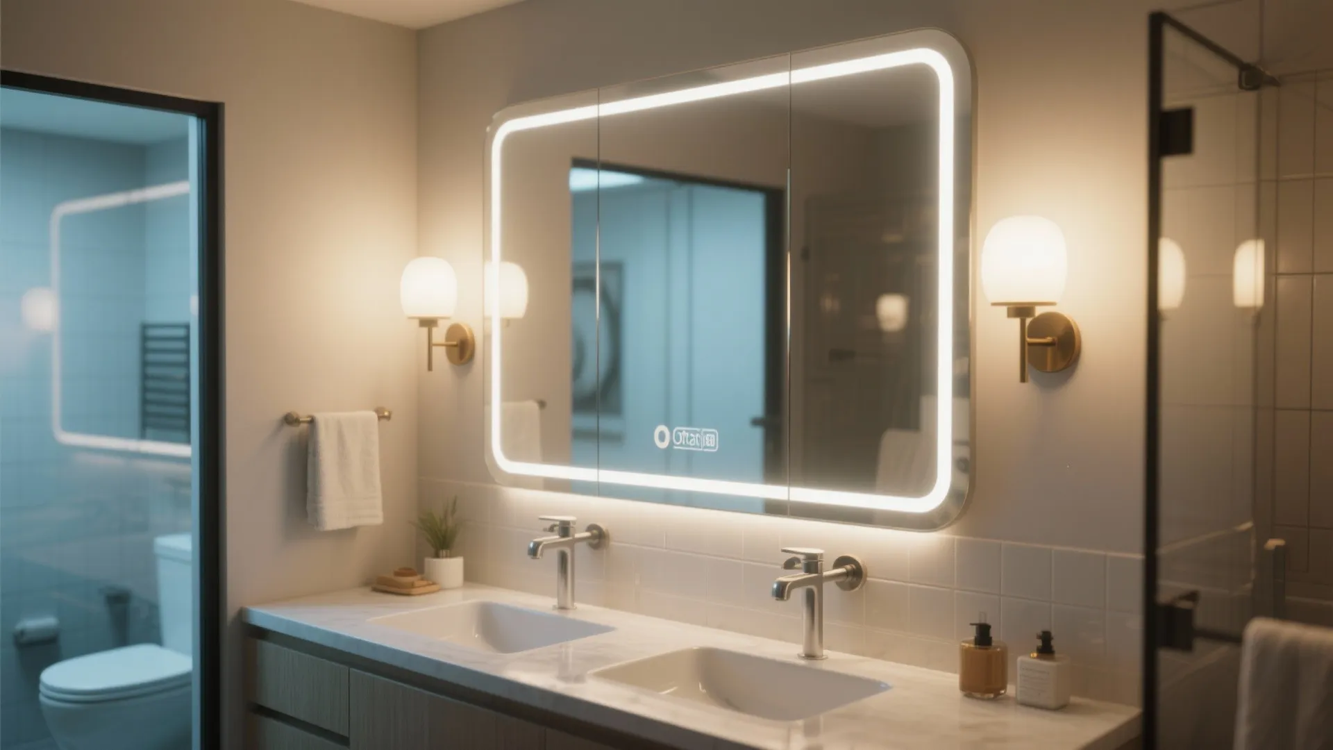 Bathroom double sink vanity featuring large light mirror, two wall lights, and white tiled walls