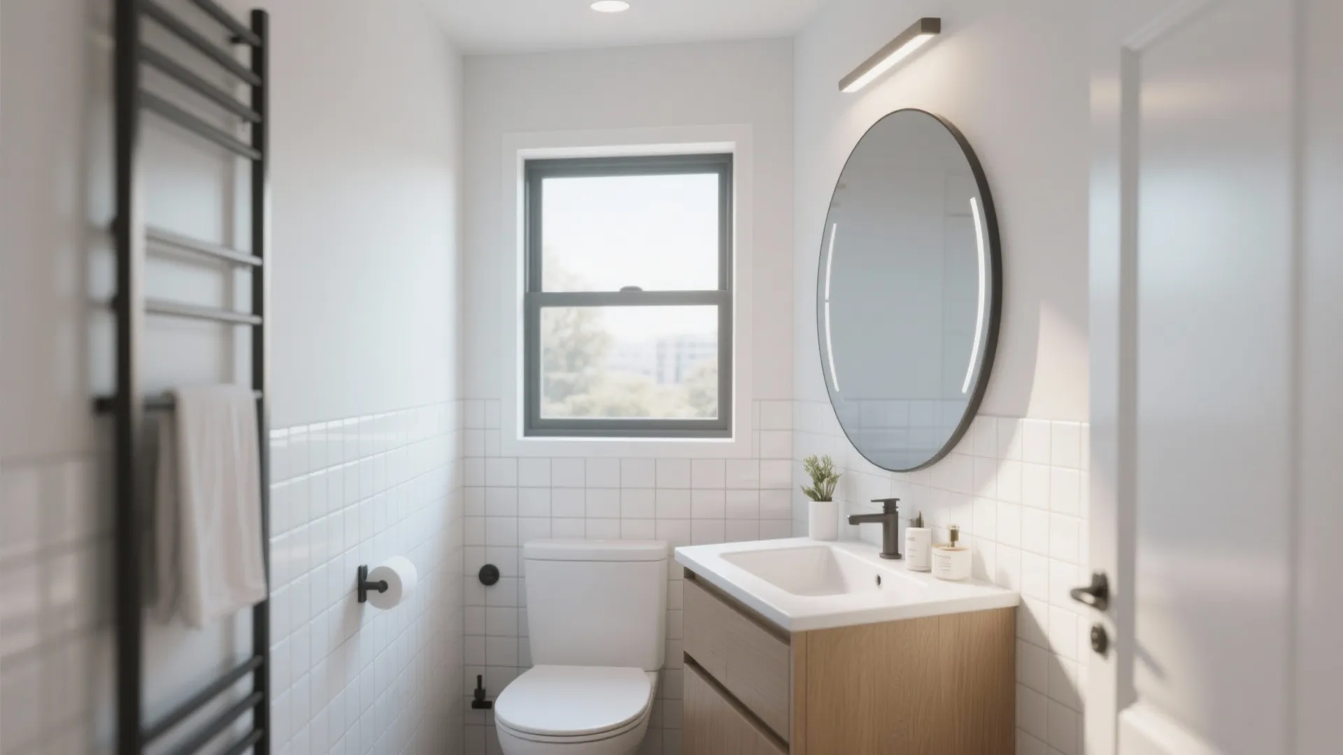Small white bathroom with round lighted mirror, wooden vanity, black faucet, window, and wall light