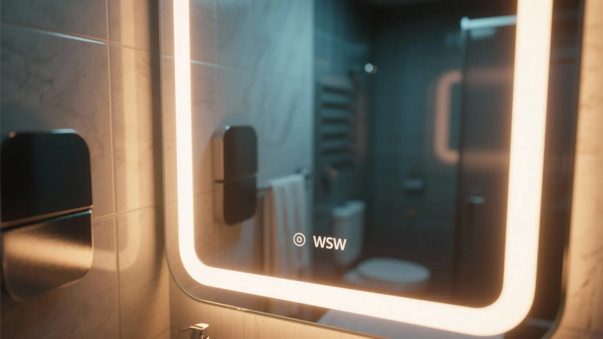 Close up bathroom mirror with built in light showing a reflection of the small room