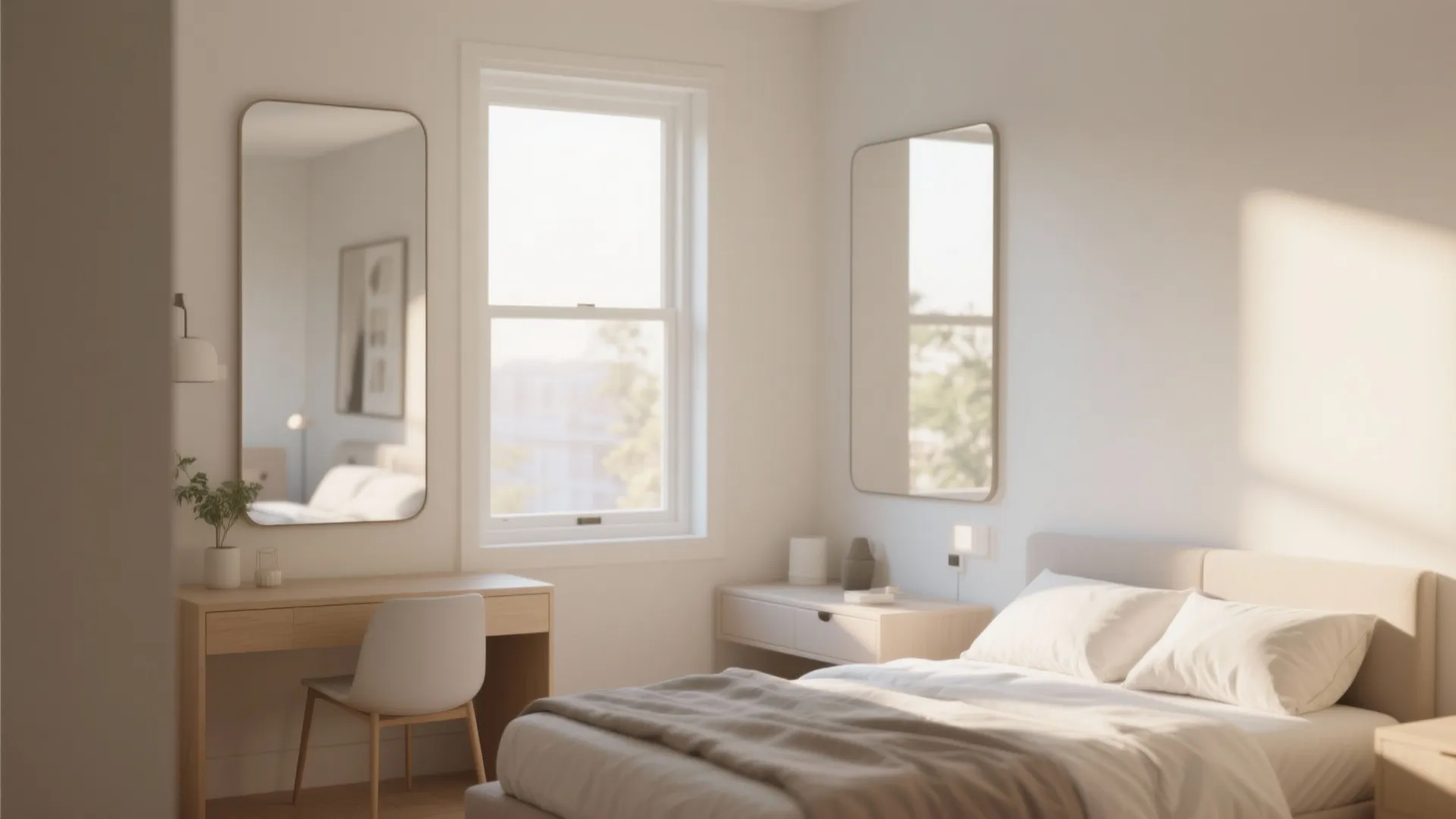 Minimalist bedroom with wooden desk white chair two tall mirrors bright window and comfortable bed