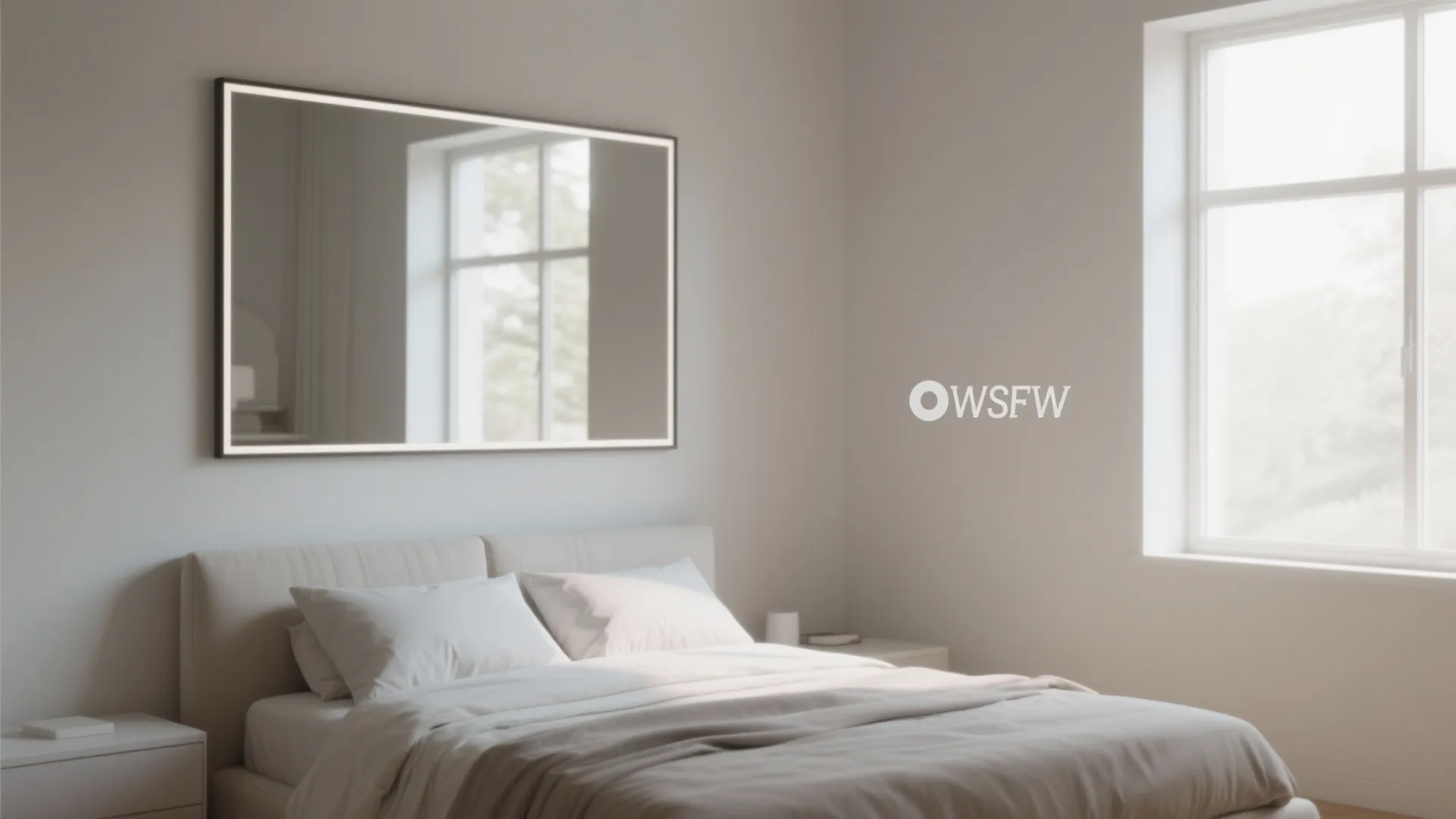 Large mirror reflecting light in a bright small bedroom