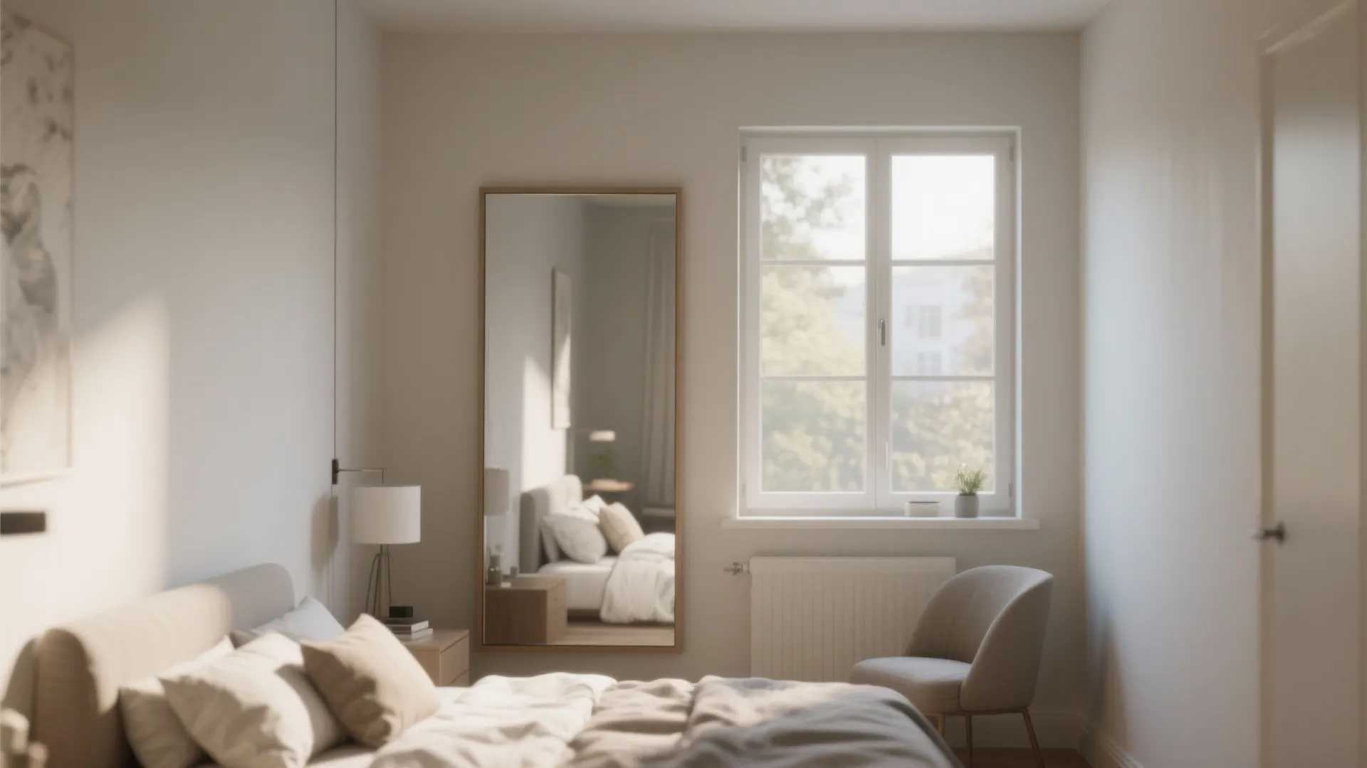 Bright bedroom featuring a large floor mirror reflecting the bed next to a white window