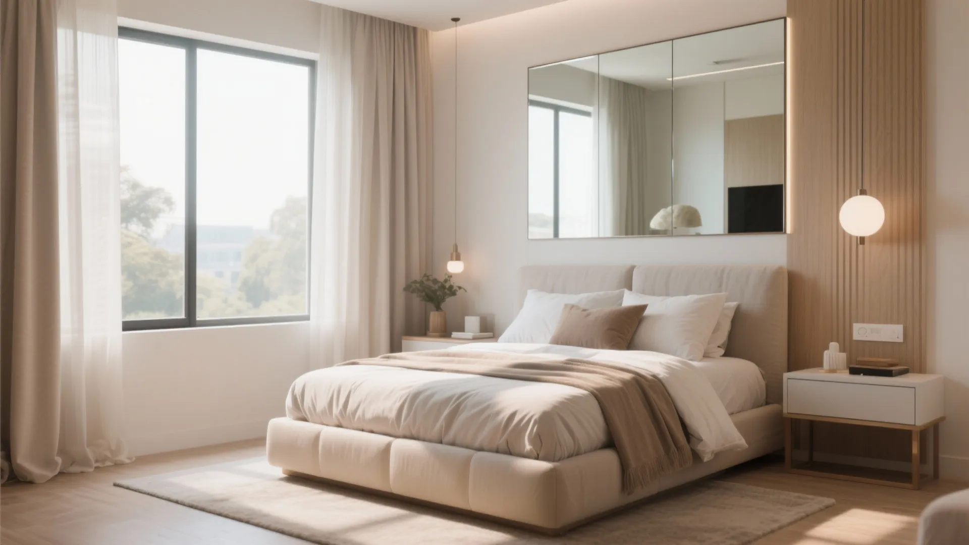 Minimalist bedroom featuring beige bed, wall mirror, bedside table, hanging ceiling light, and large bright window
