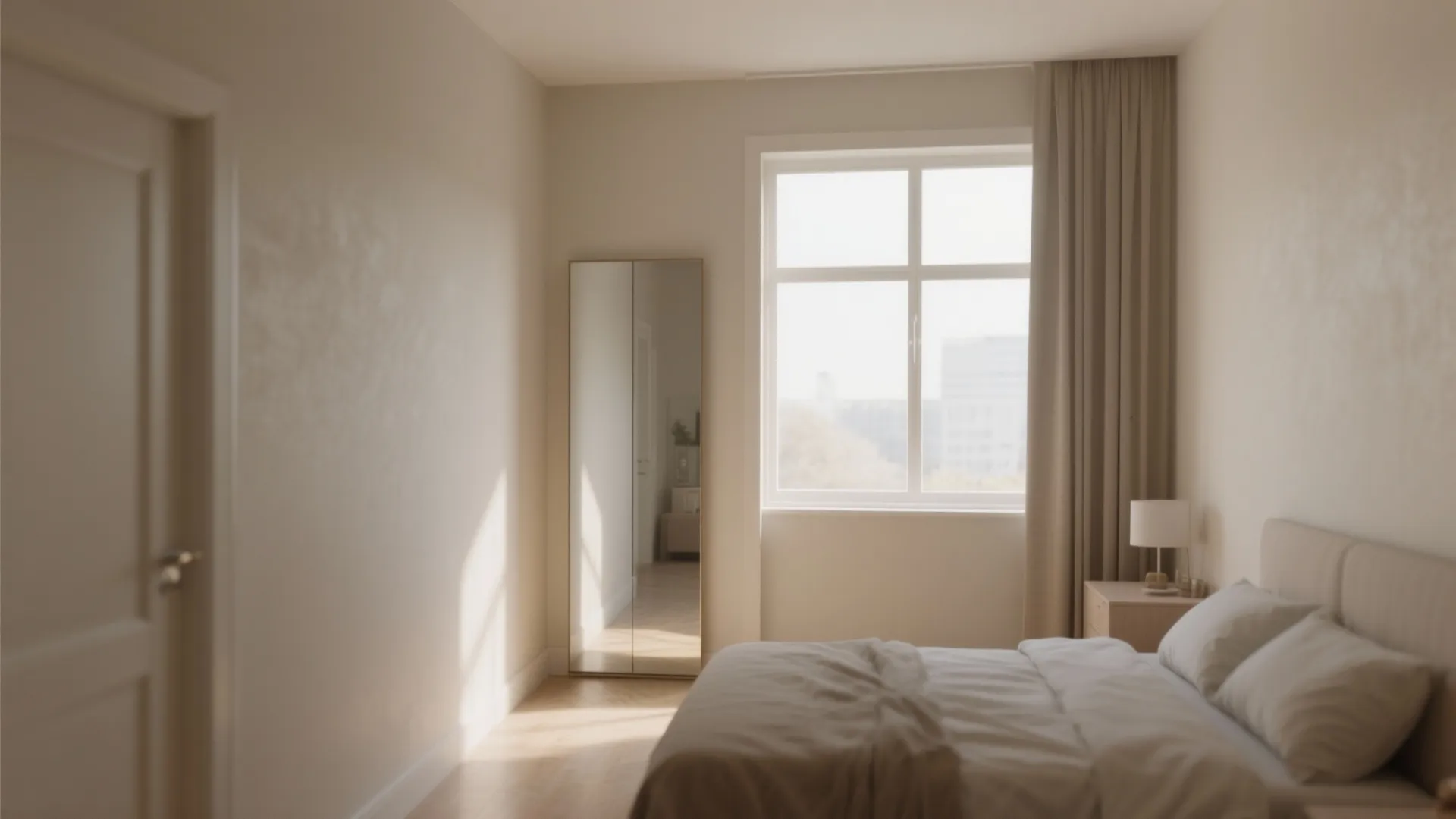 Bright minimalist bedroom with tall floor mirror large window beige curtains bed and warm sunlight