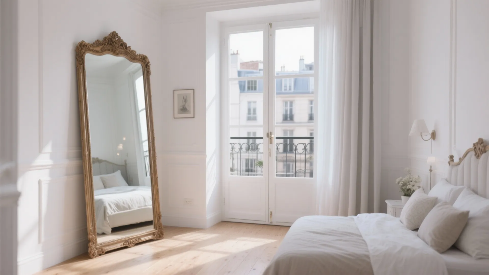 Bright white bedroom featuring a large gold floor mirror white doors and elegant wooden floors