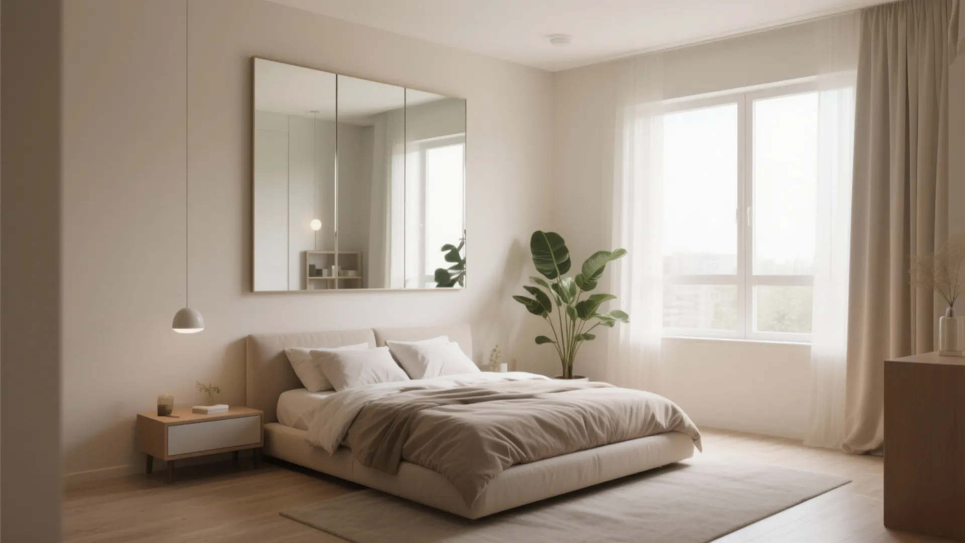Warm minimalist bedroom design with large wall mirror green plant and white bedding and curtains