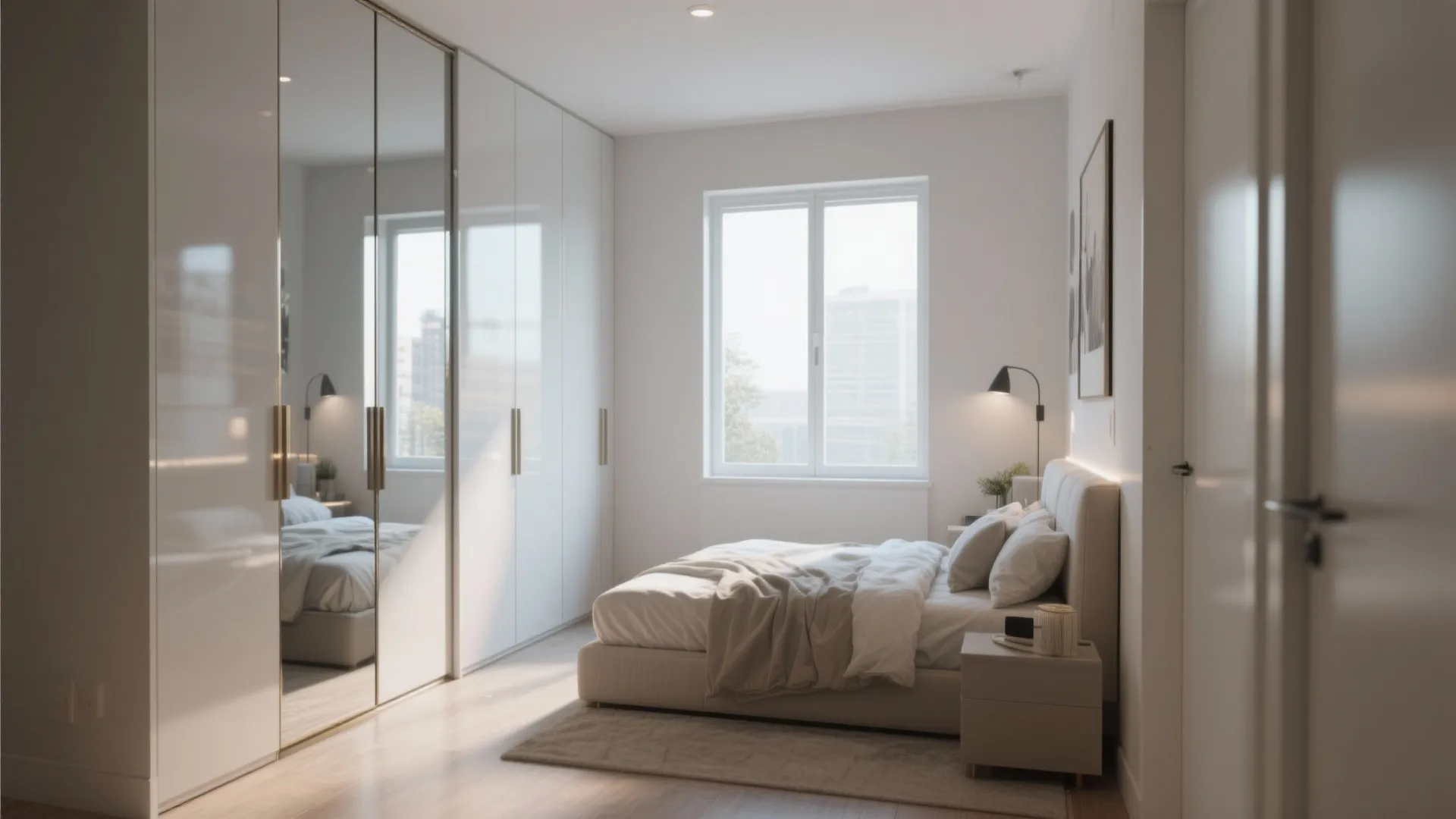 Small bedroom with mirrored closet reflecting light for spacious feel.