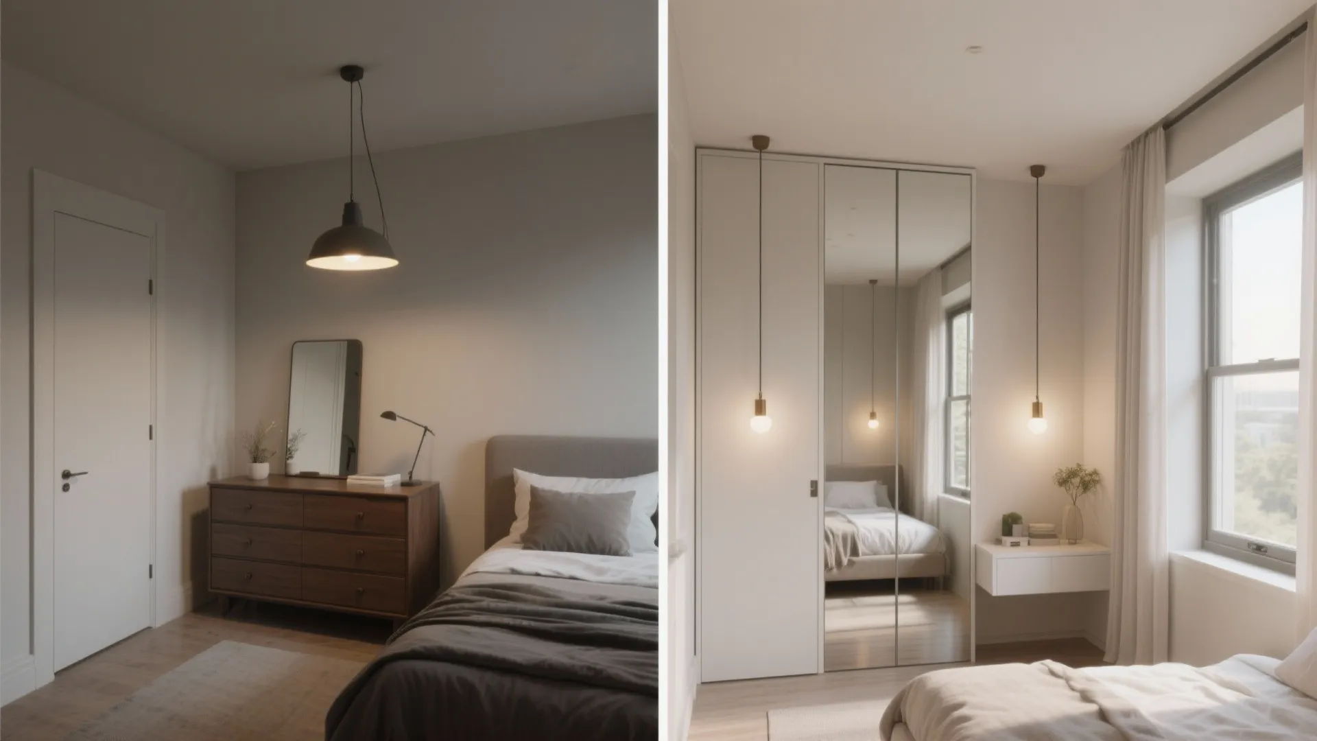 Before and after comparison of a dark bedroom versus a bright bedroom with mirrored wardrobe