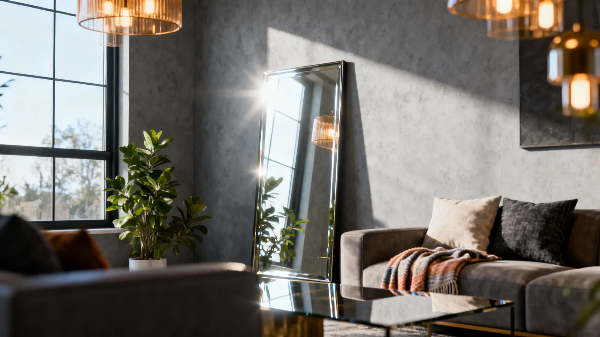 Mirror opposite a window reflecting daylight into a grey living room with plants and layered lighting.