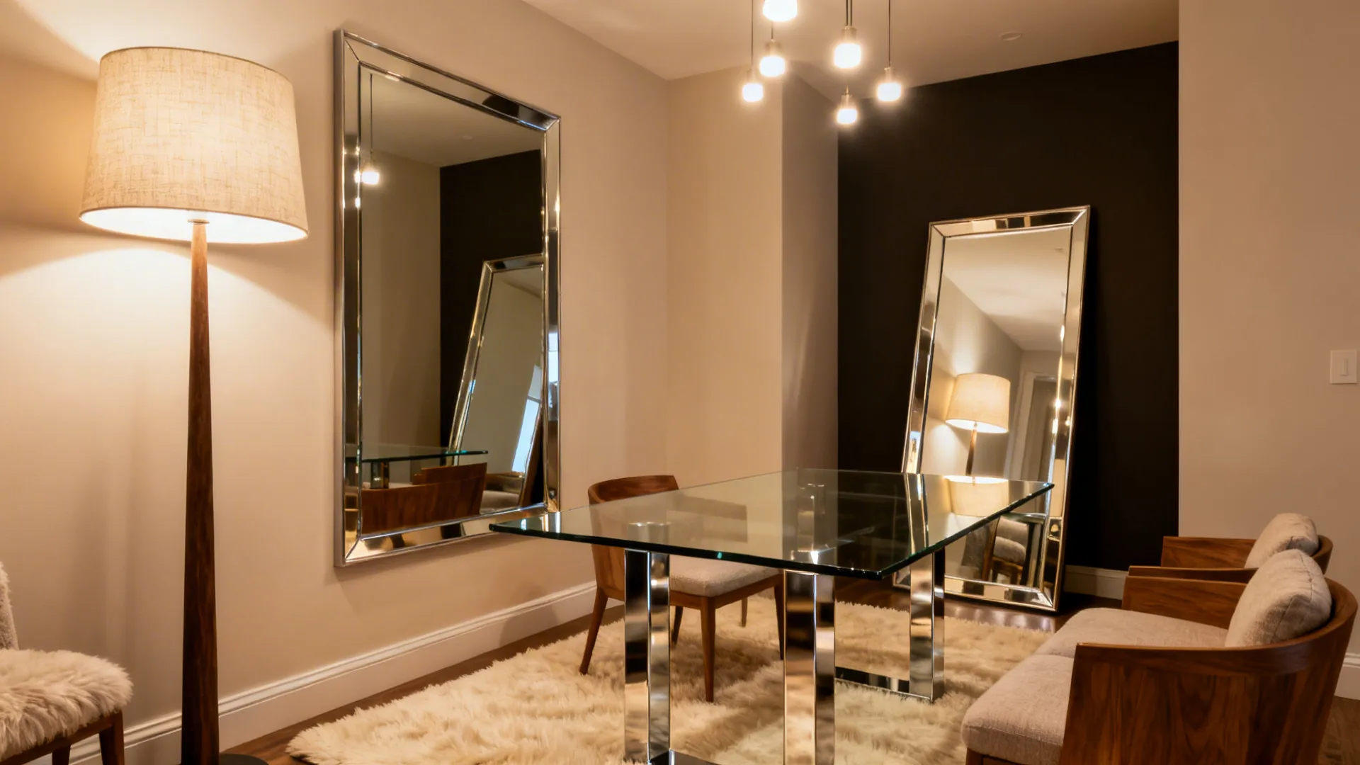 Layered mirrors and satin paint multiply a floor lamp’s glow in a cozy dining nook.