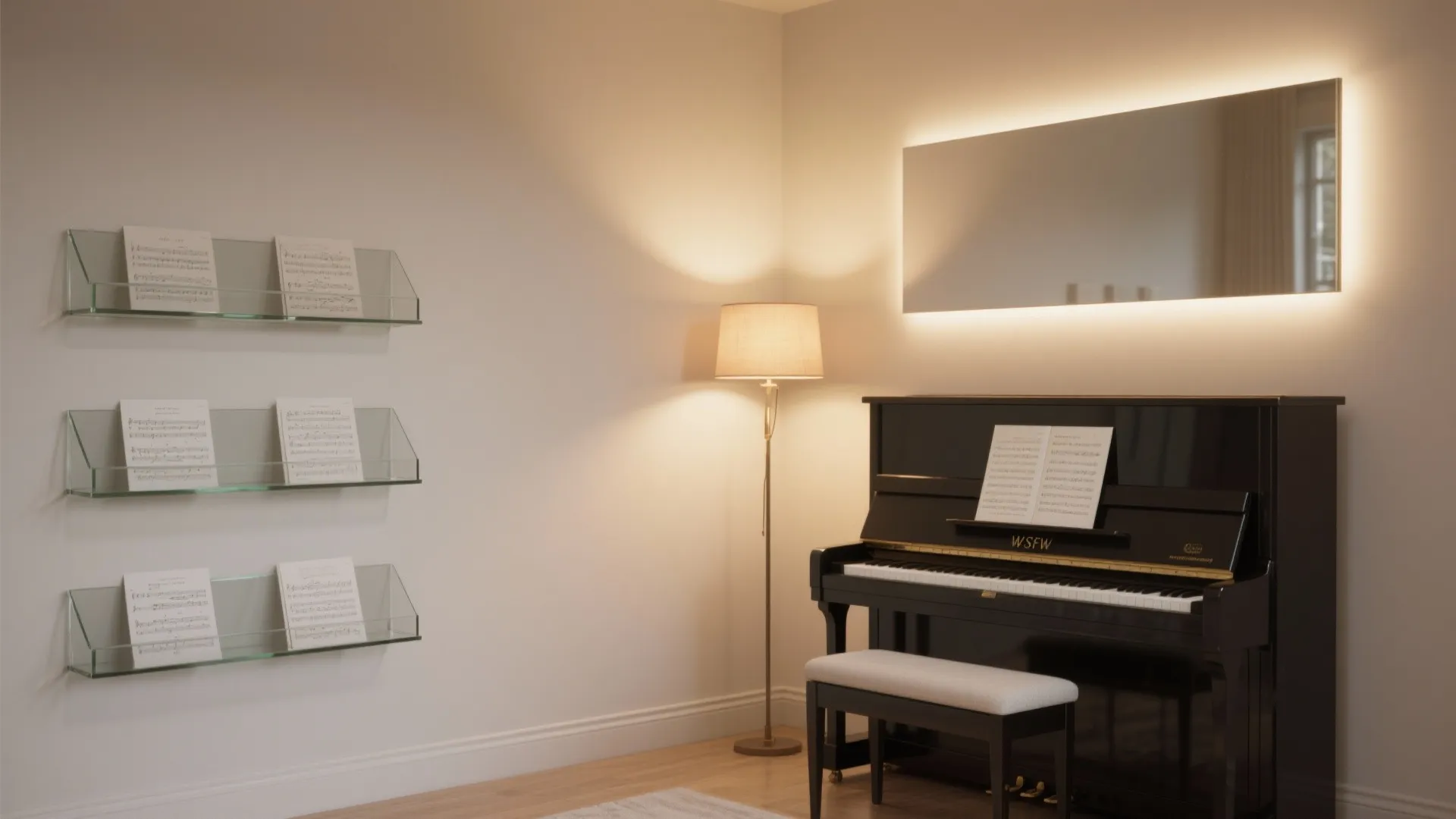 Light, Glass, and Mirrors to “Lift” the Piano Corner
