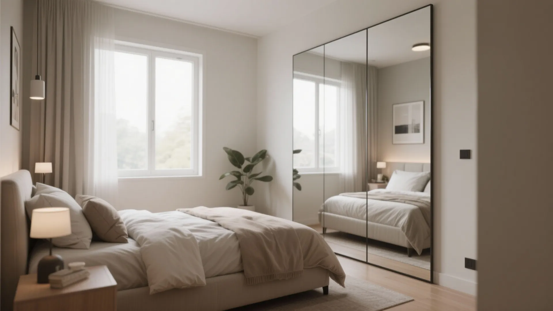 Floor-length mirror reflecting light in a small bedroom