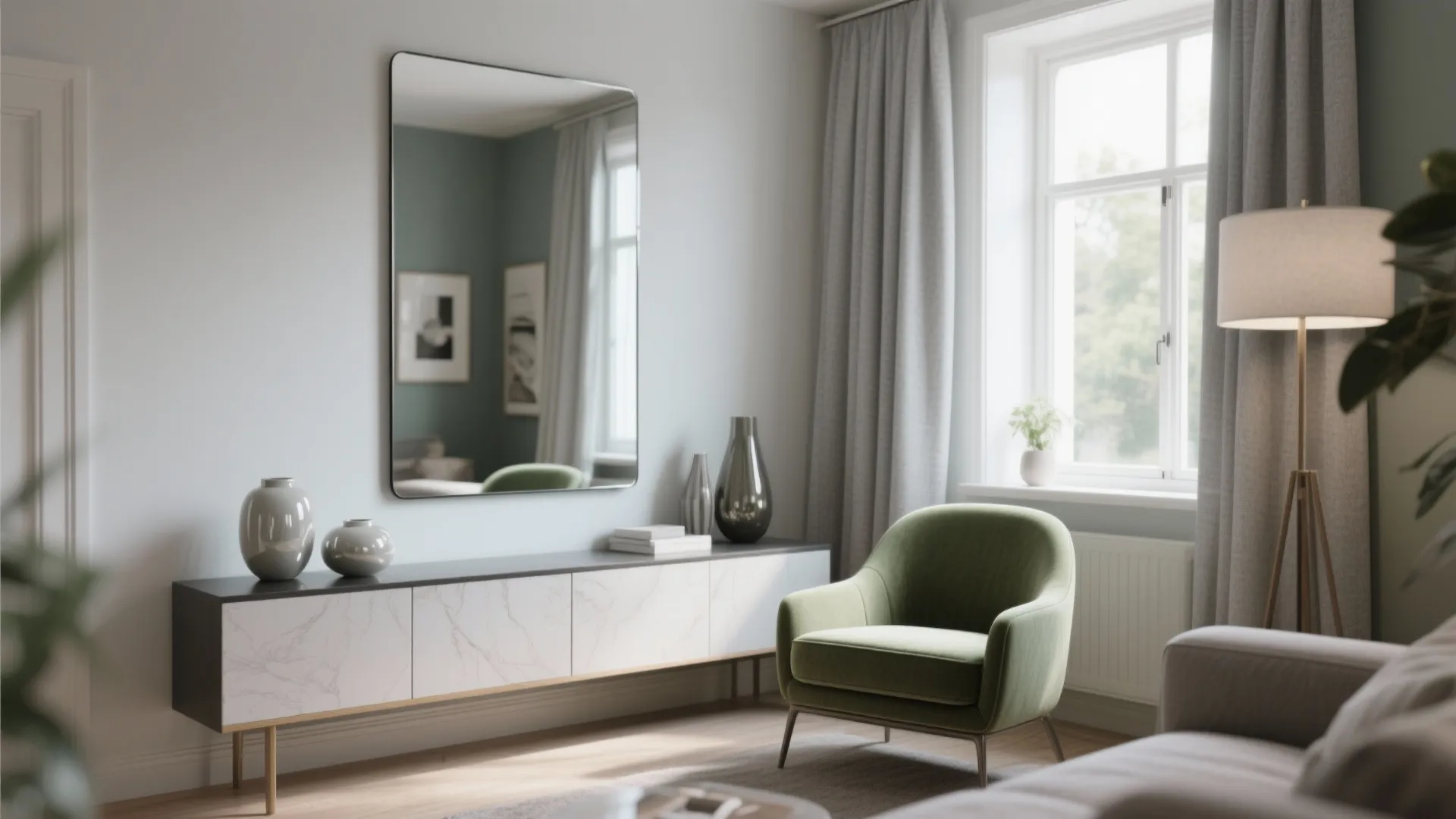 Small living room with a slim mirror opposite a window and glossy ceramics boosting light and depth.