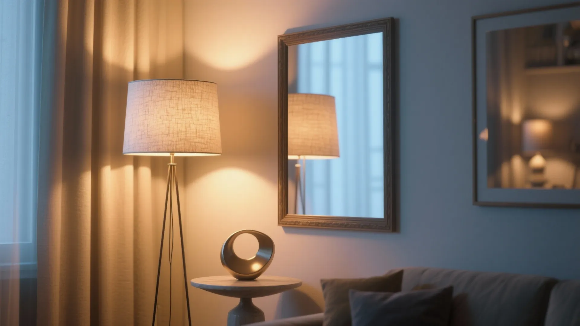 Warm floor lamp illuminating a cozy living room corner with mirror, wall art, and sofa