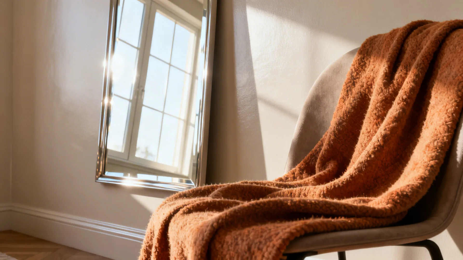 Large mirror reflecting window light and pale neutral wall with satin finish