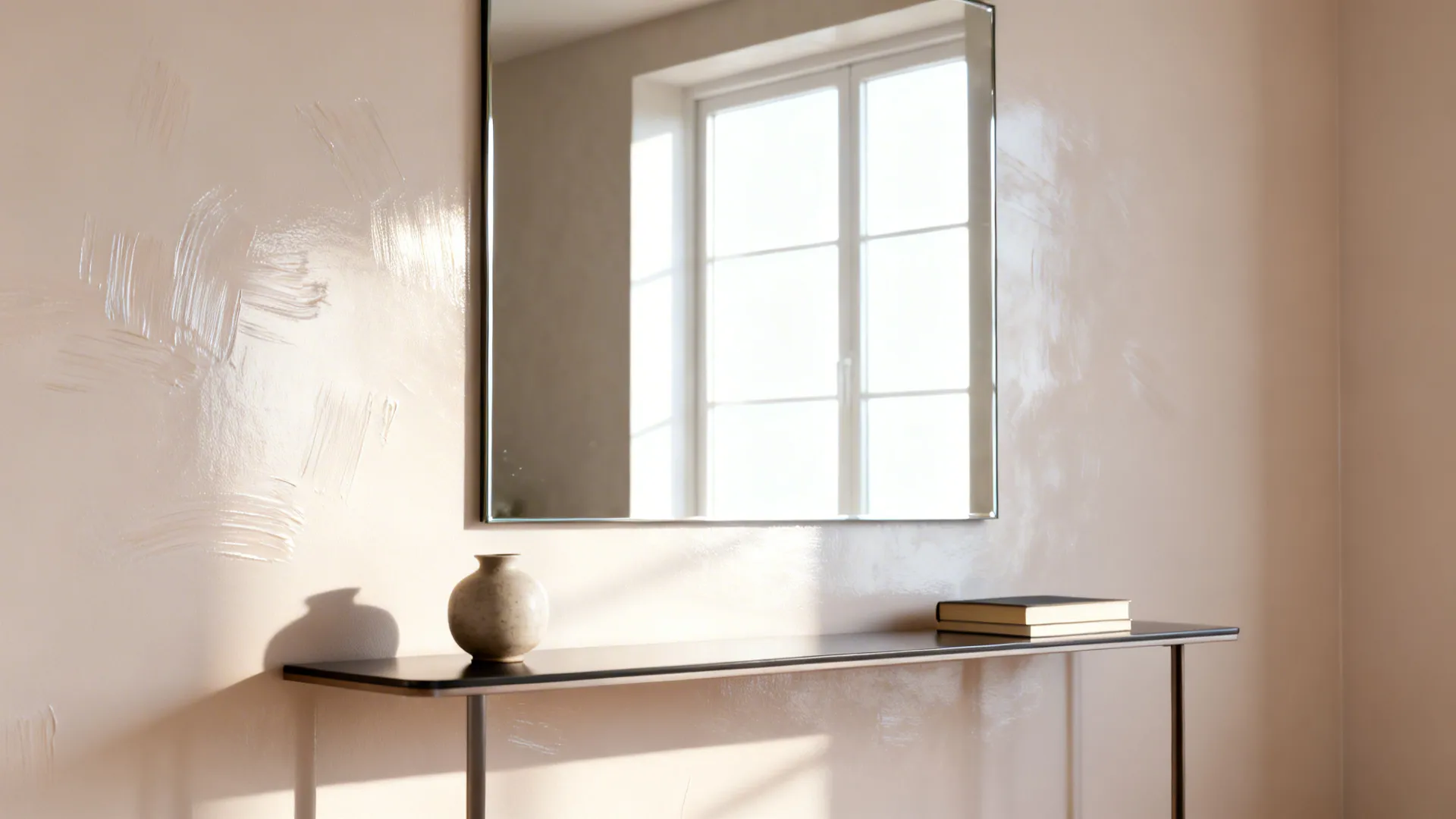 Frameless mirror above a console reflecting window light on pale satin wall