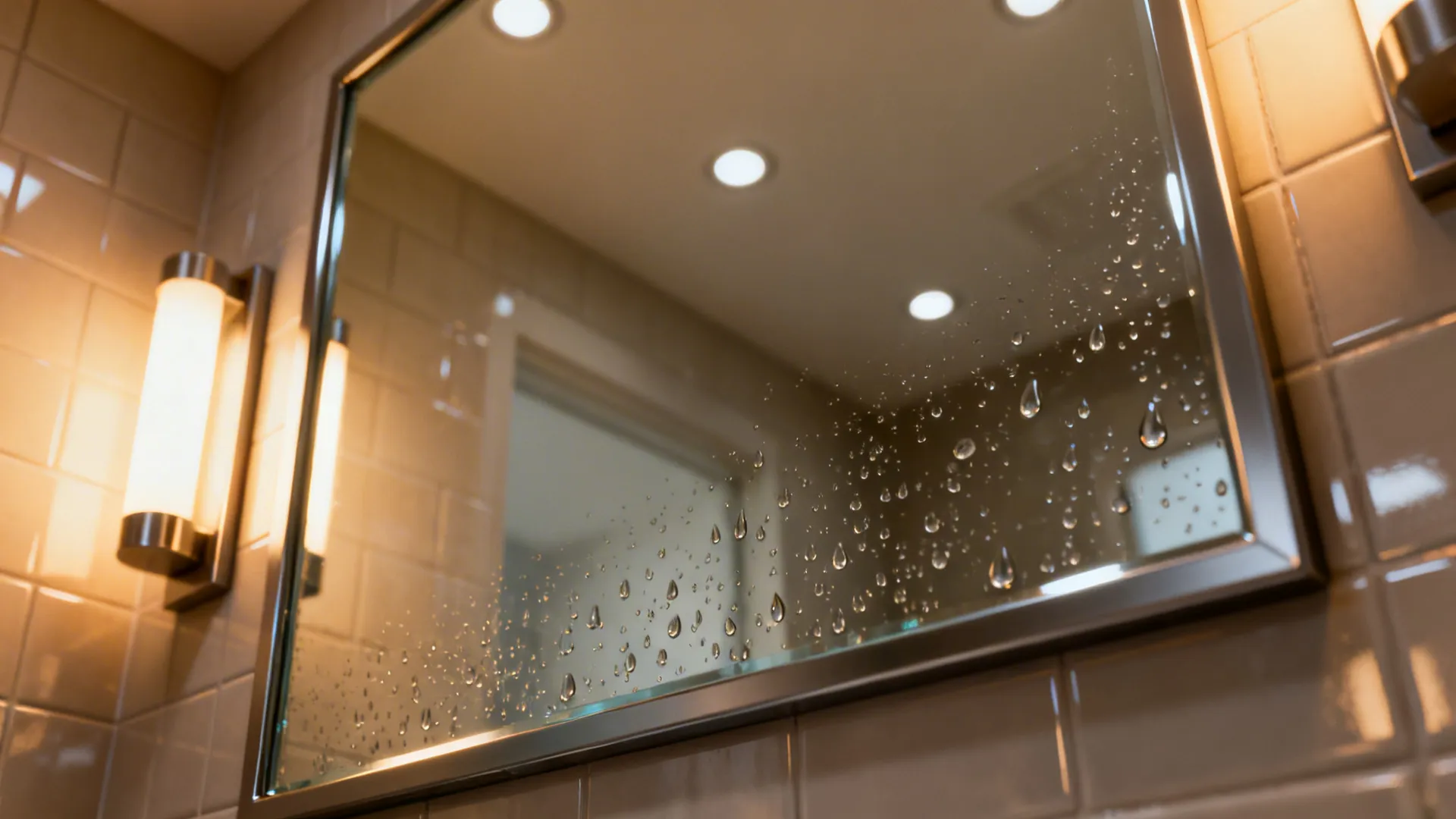 Close-up of anti-fog mirror reflecting warm wall sconces and glossy tiles in a small bathroom.