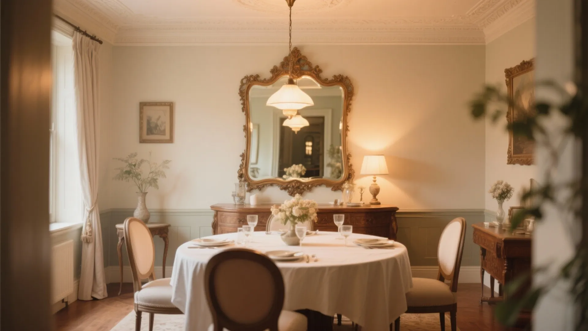 Dining room with antique mirror reflecting warm light