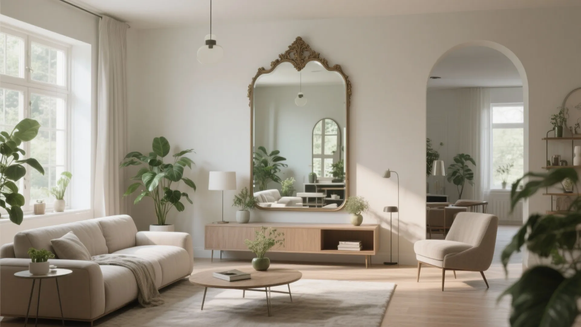 Living room with large mirror reflecting sunlight