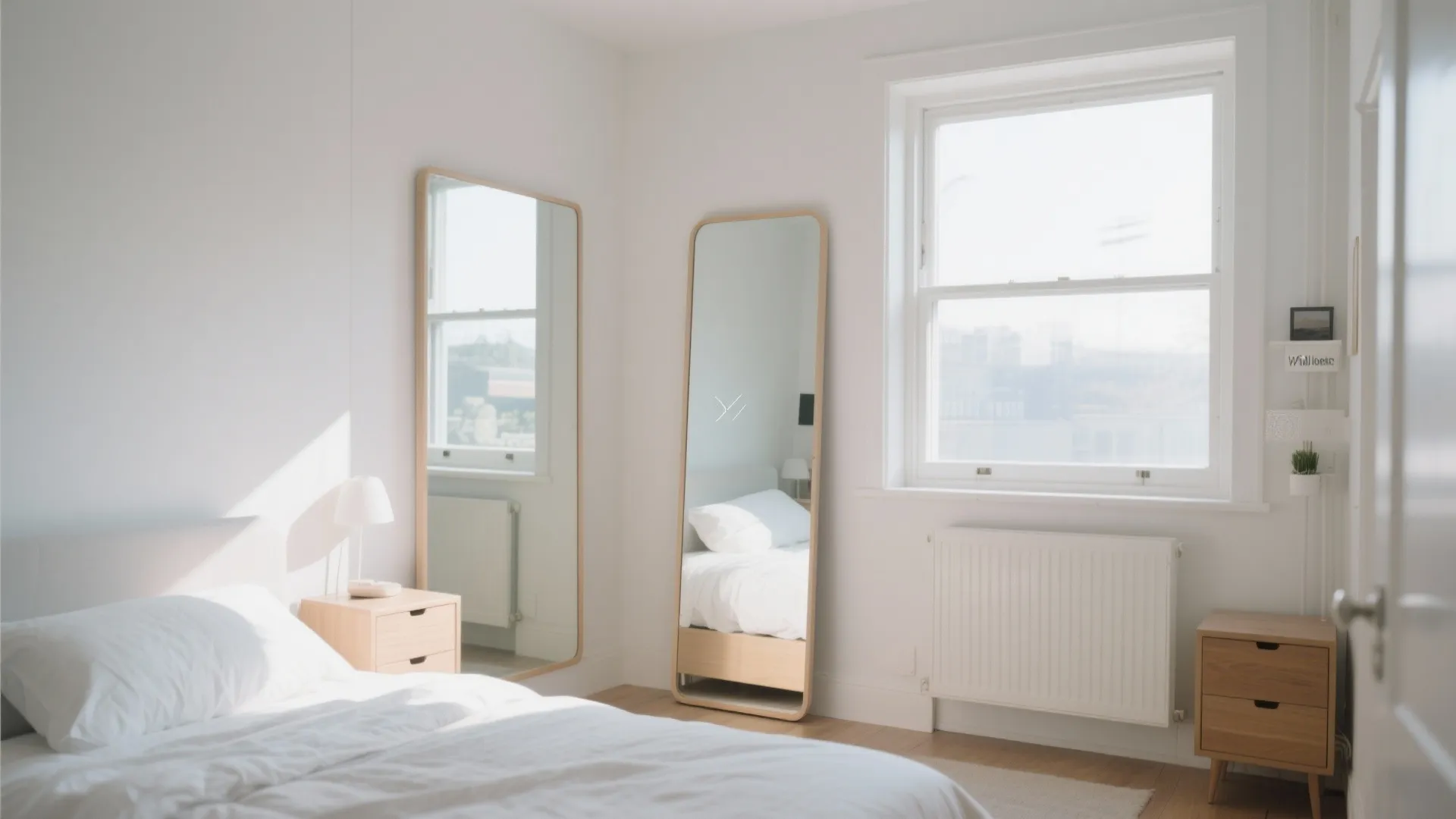 Bright white bedroom featuring two tall floor mirrors next to a window with natural light