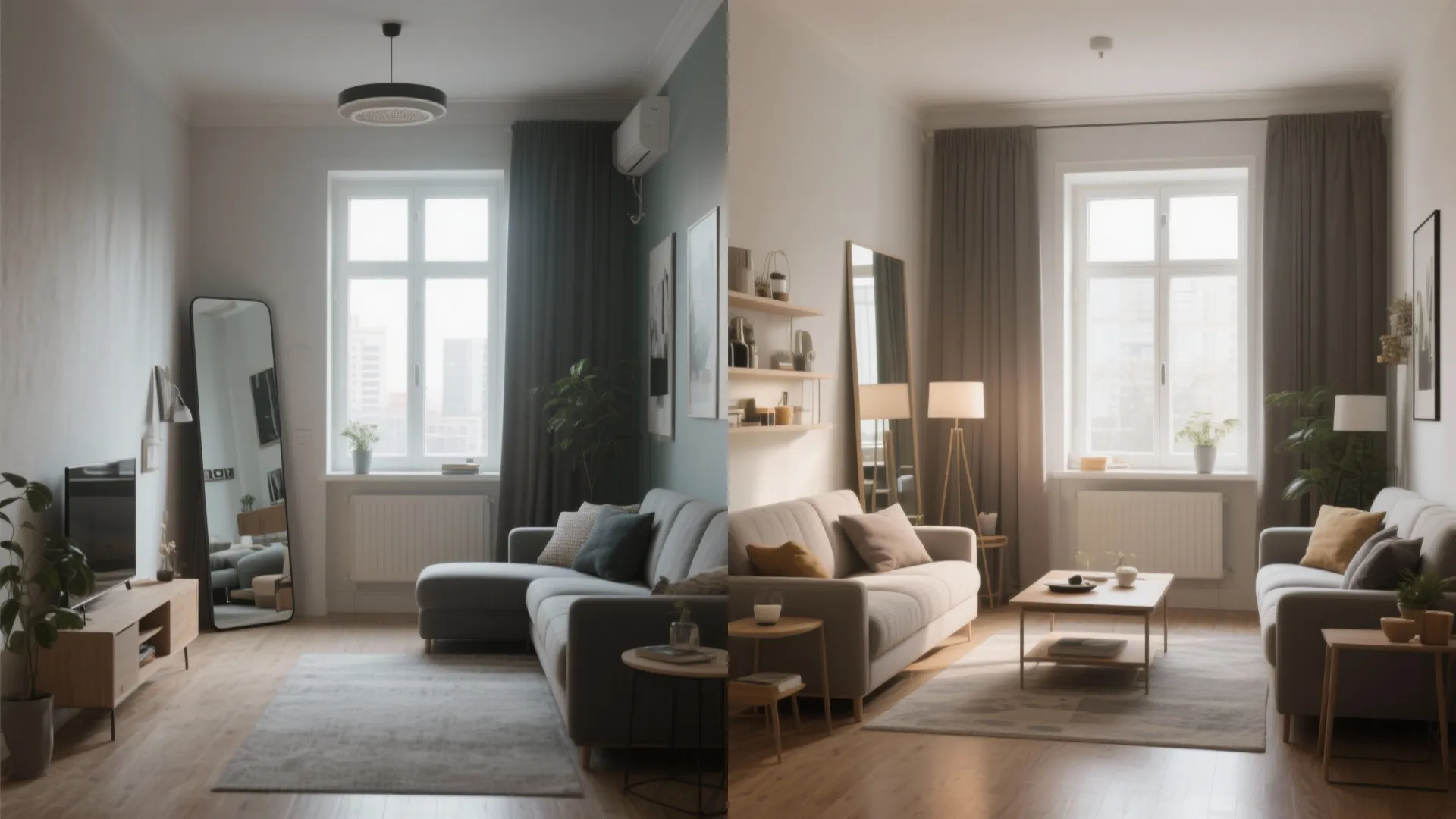 Living room comparison showing a floor mirror and grey sofa with two different warm lighting styles