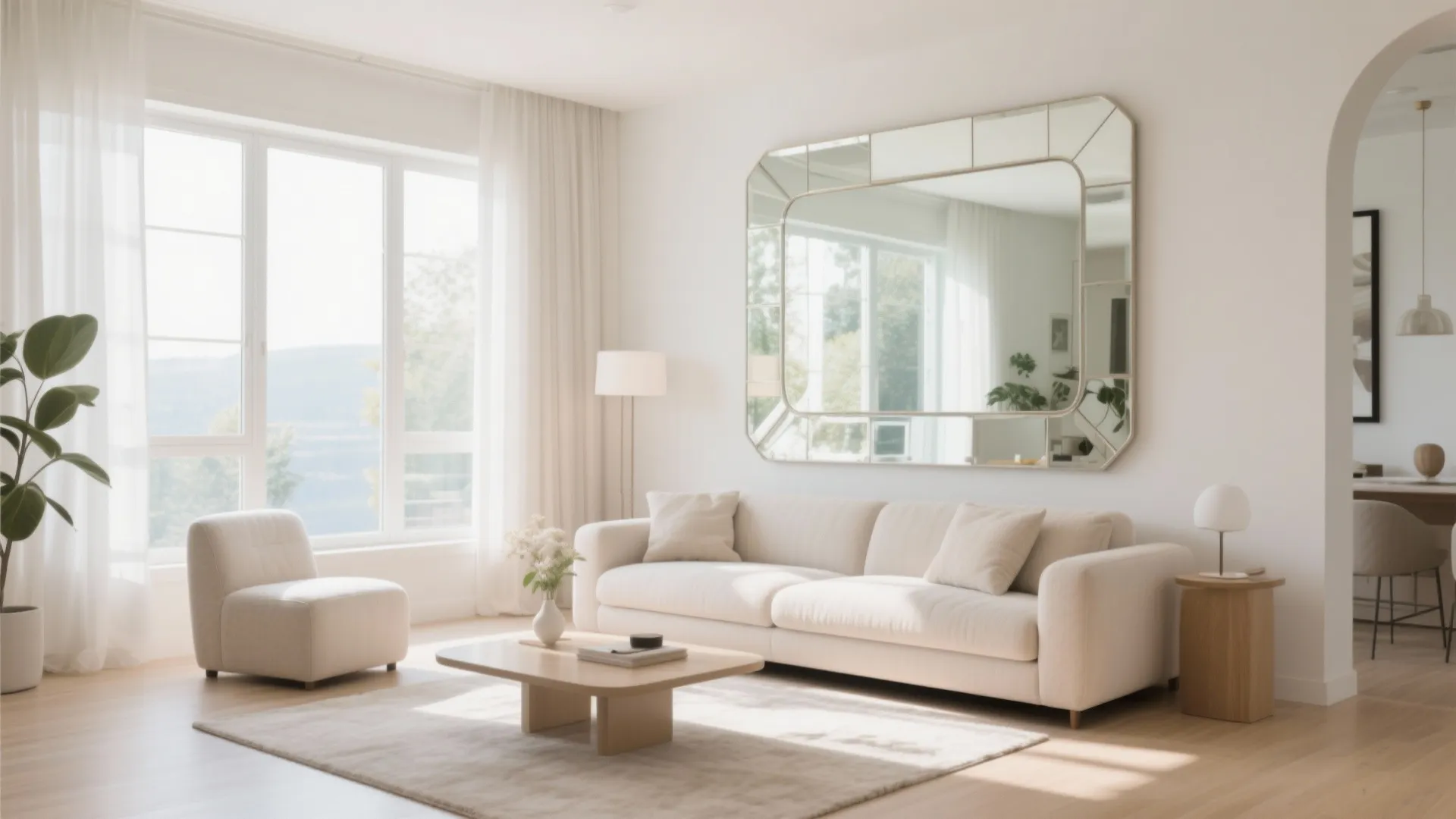 Bright white living room with cream sofa large wall mirror coffee table and natural light