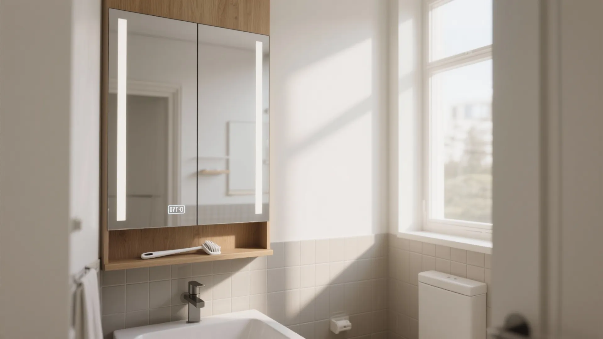 Modern bathroom with a lighted mirror cabinet white sink wooden shelves and a bright window