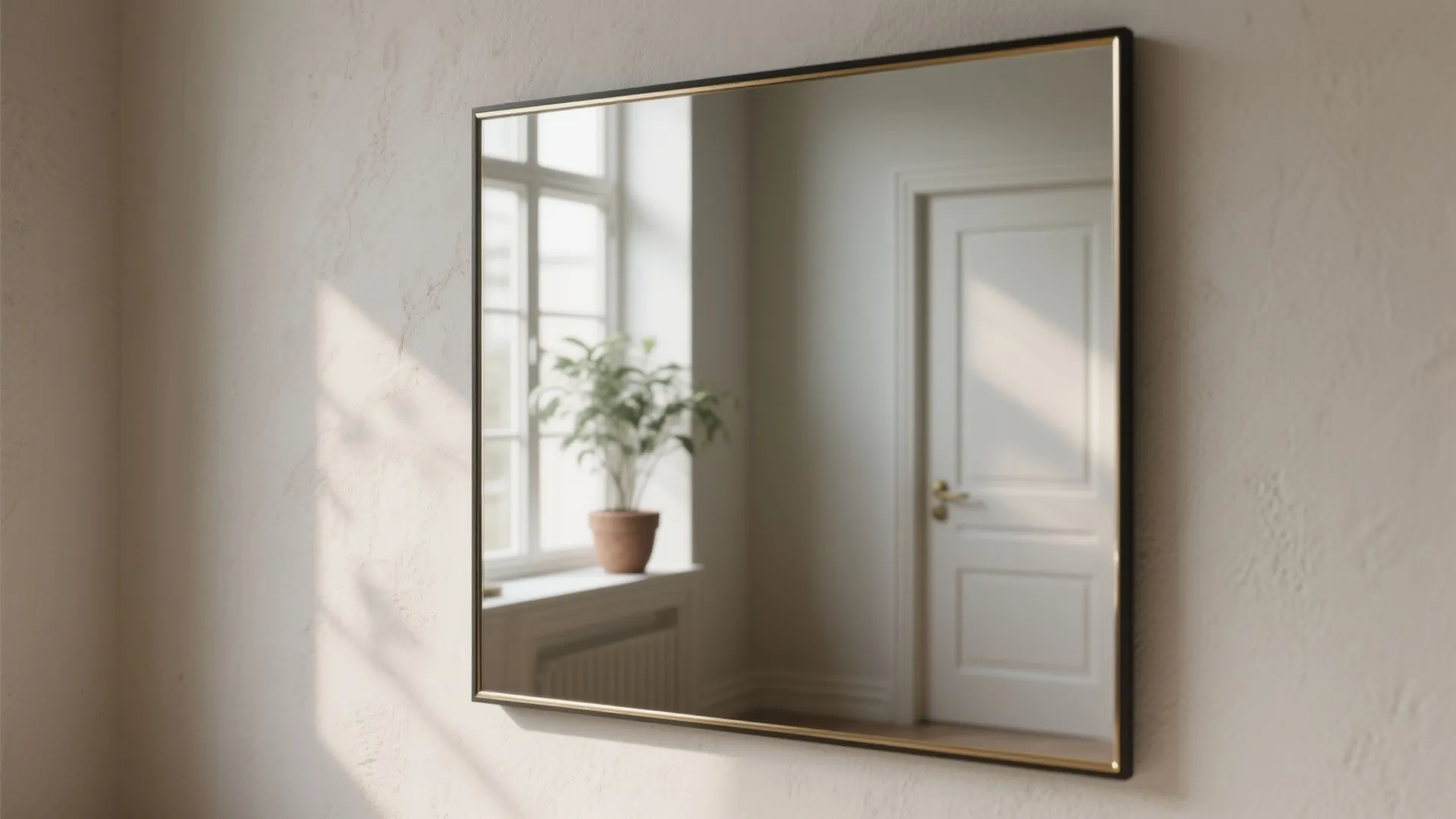 Thin-framed wall mirror reflecting a window and plant, expanding a small entry with light.