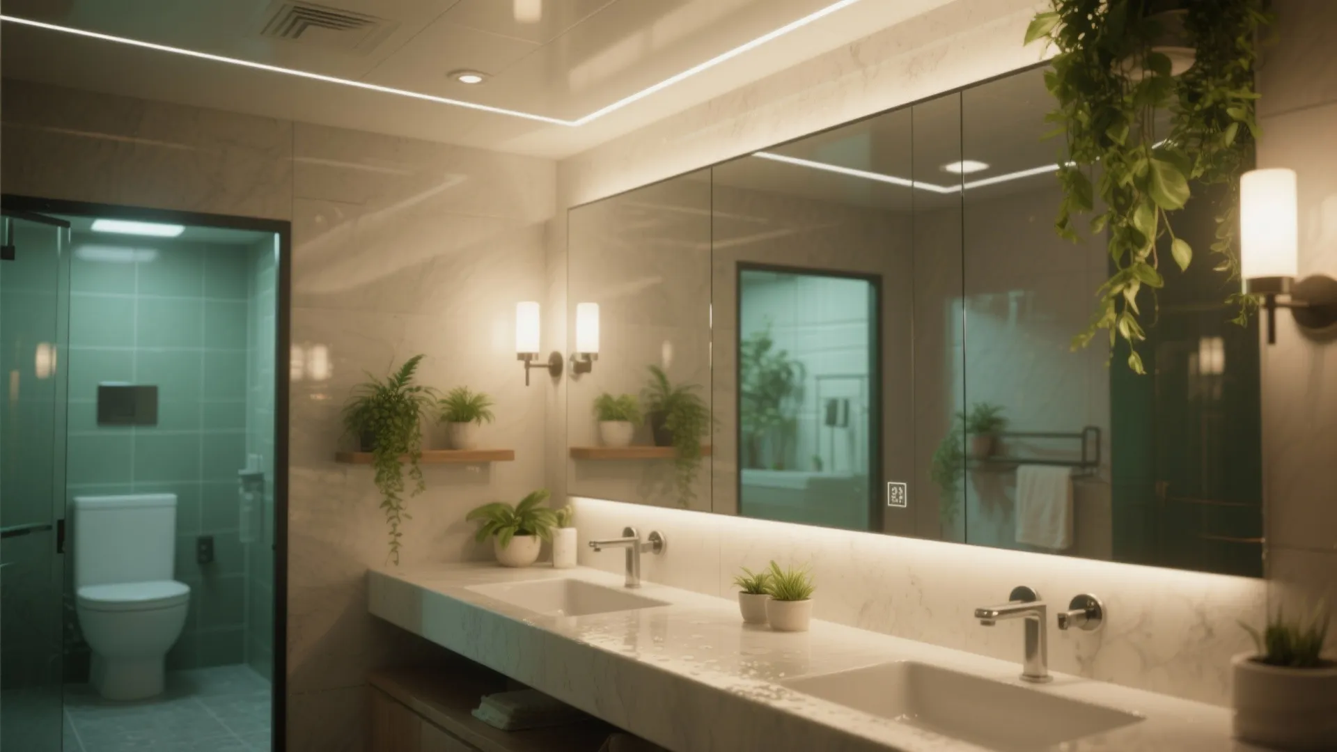 Bright bathroom interior featuring long marble counter with two sinks large mirror and hanging green plants