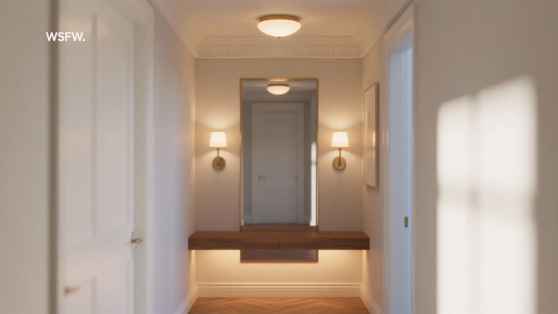 Modern hallway with wall lights large mirror wood shelf ceiling light and warm interior lighting