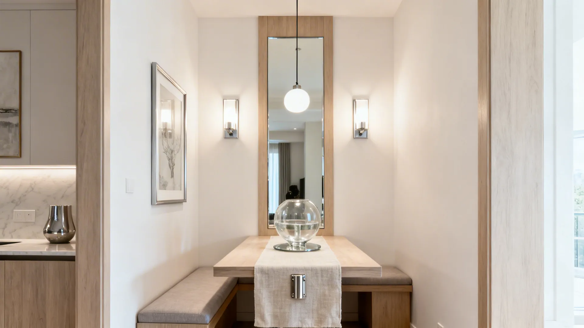 Slim mirror behind a dining bench with twin sconces and a pendant above a small table.
