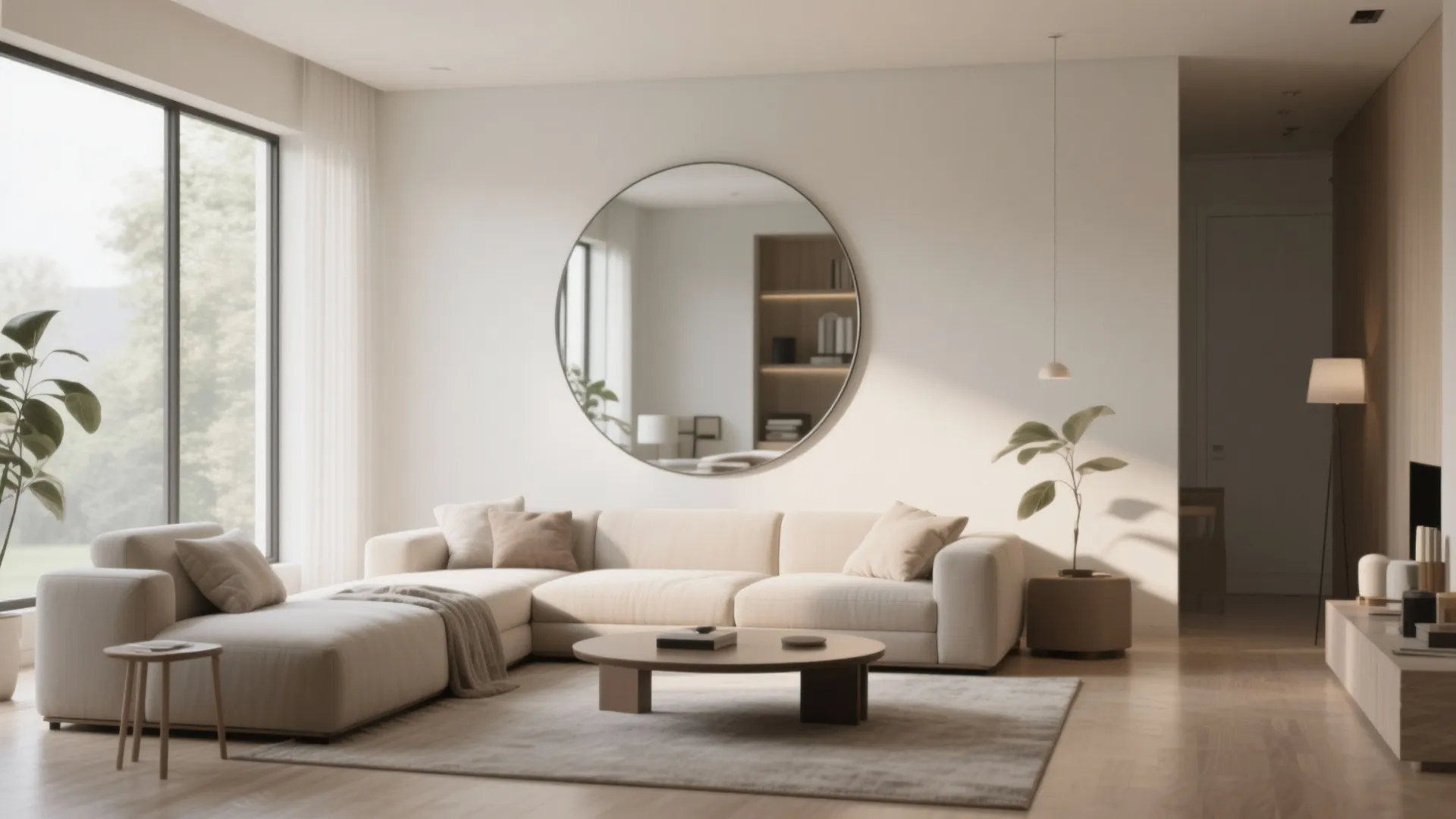 Minimalist living room featuring cream sectional sofa large round wall mirror and wood coffee table