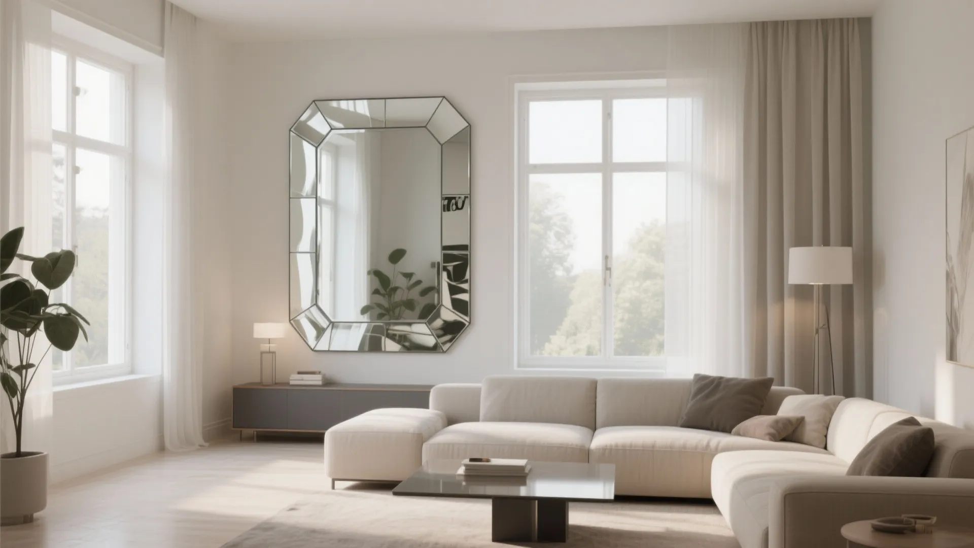 Bright living room with large wall mirror white sofa coffee table grey cabinet and natural light