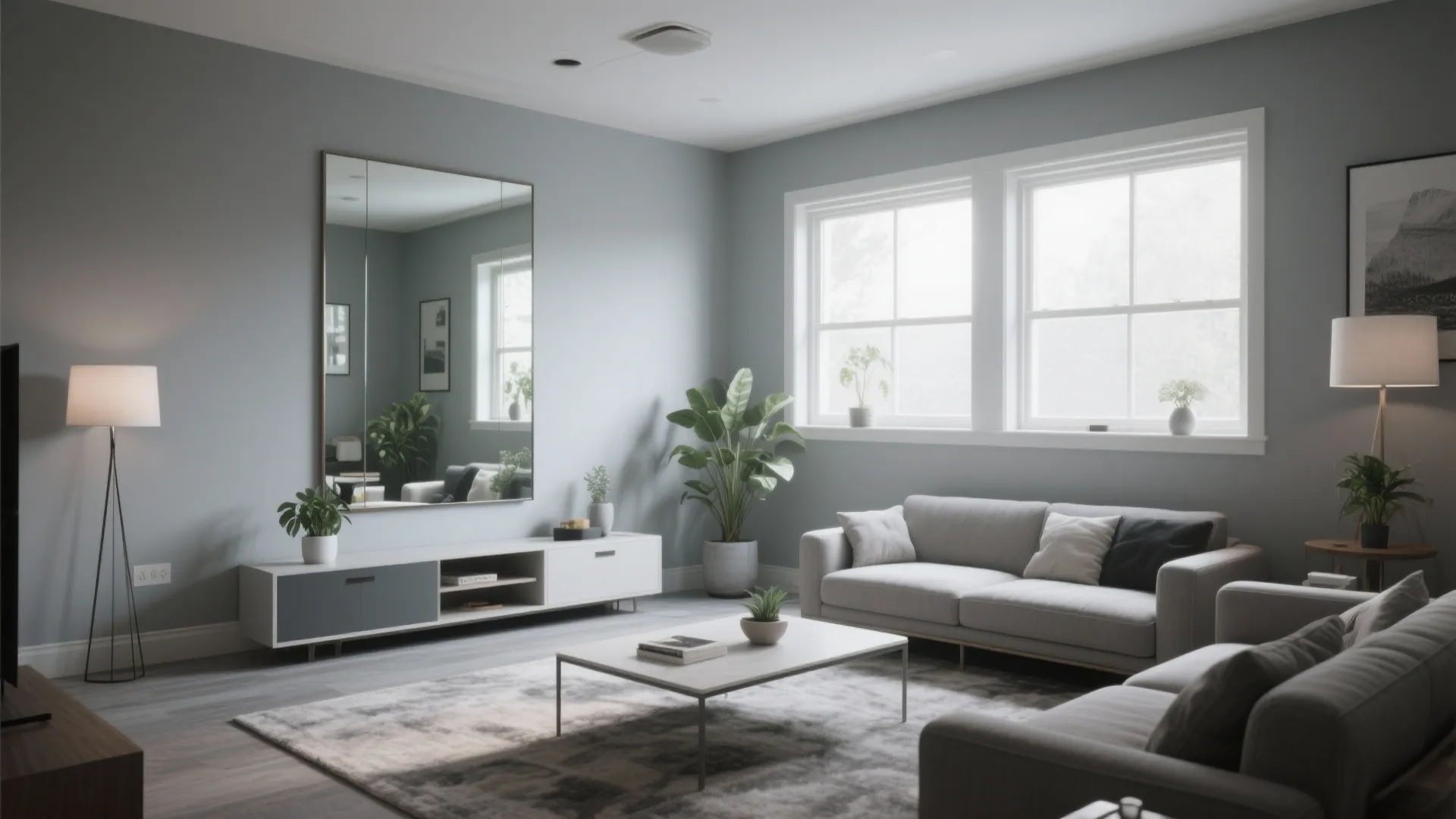 Large mirror reflecting light in a downstairs living room