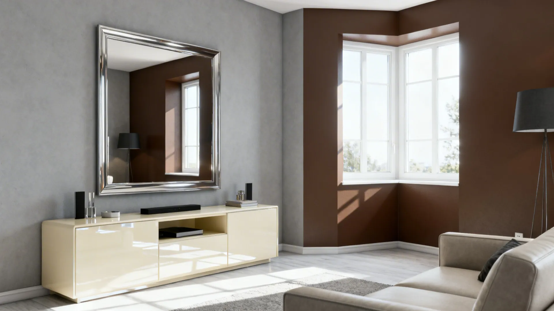 Living room with white cabinet silver mirror brown walls window gray sofa and floor lamp