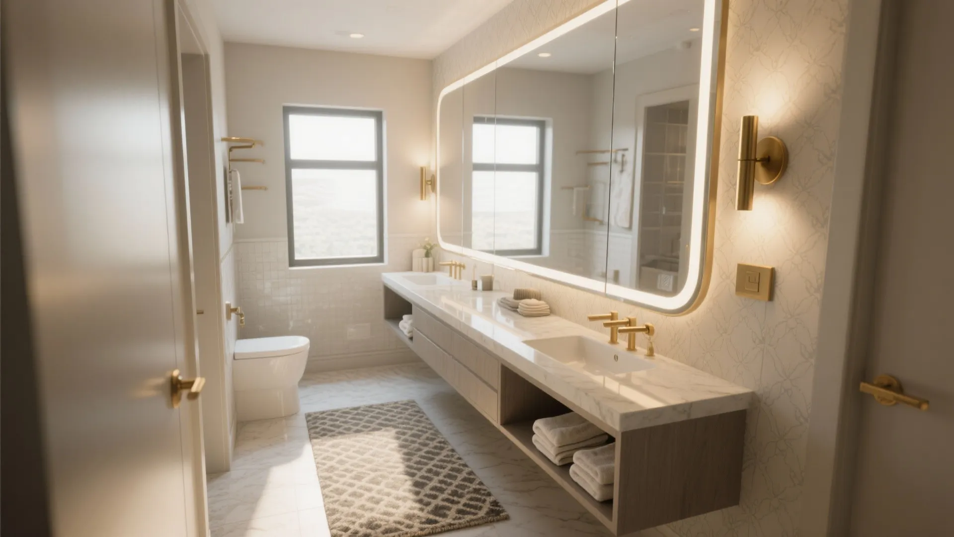 Spacious bathroom featuring large glowing mirror double sinks marble counter and gold wall light fixtures