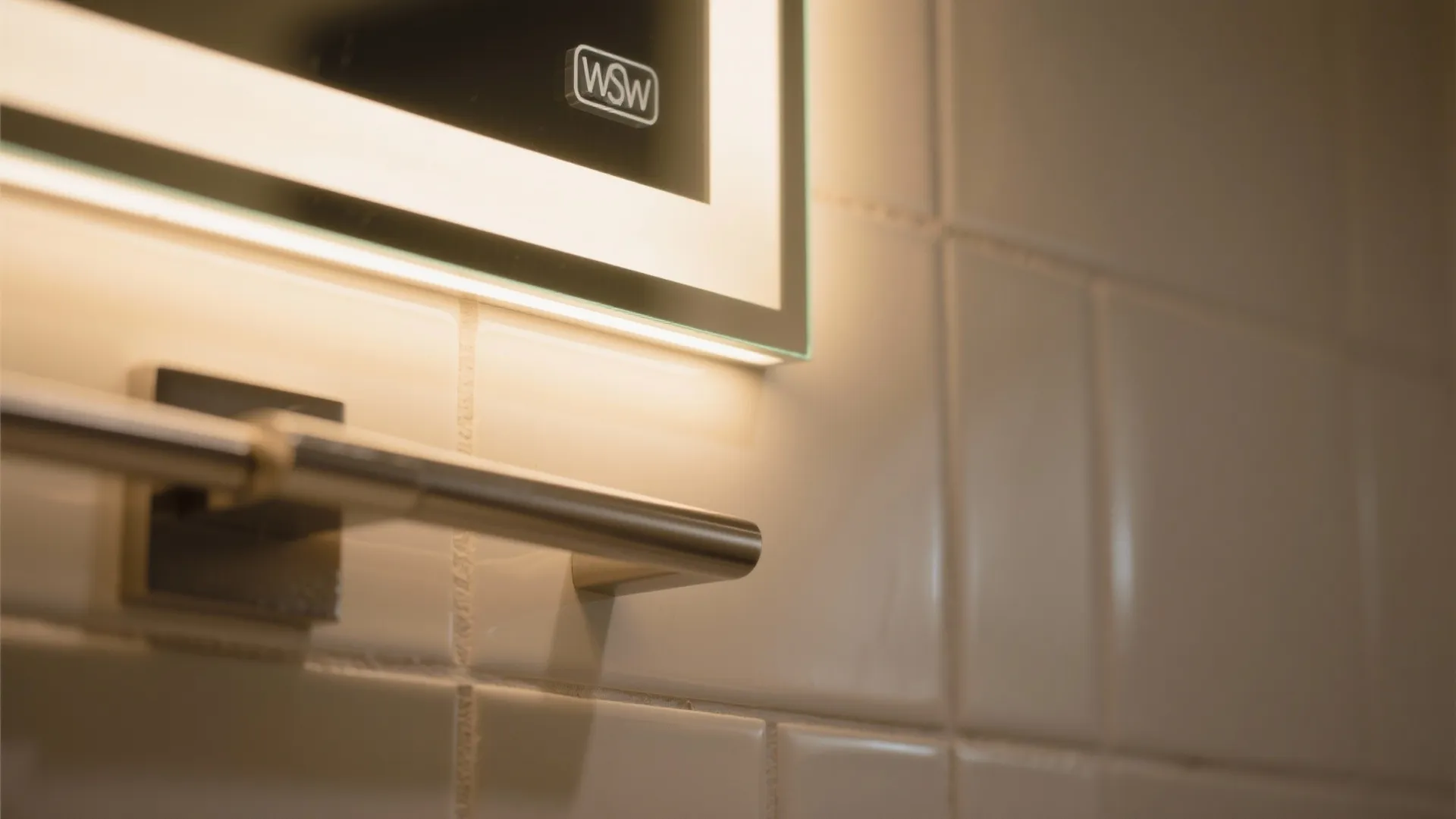 Close up of bathroom mirror with led light strip and metal towel bar on tiles