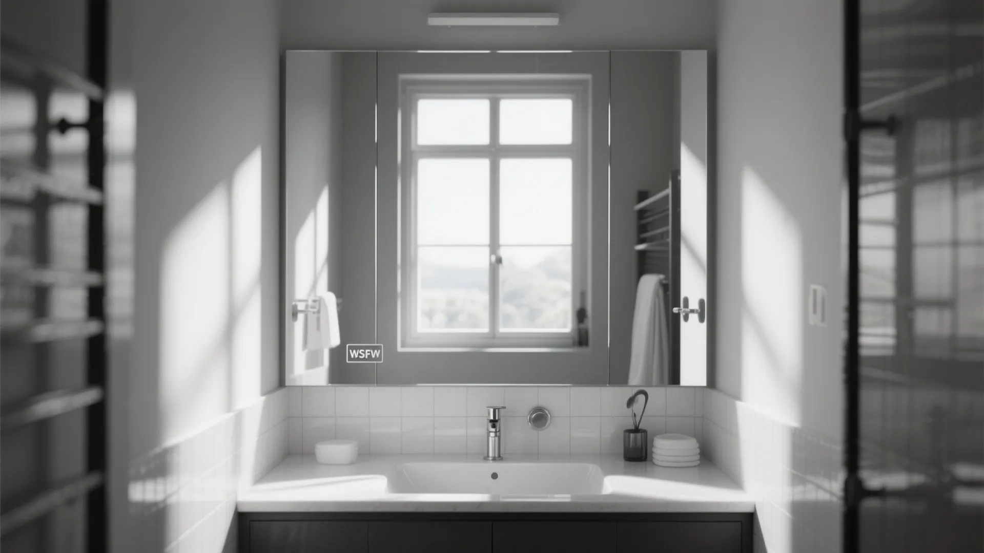 Bright bathroom with large mirror reflecting a window and simple white light fixture above sink