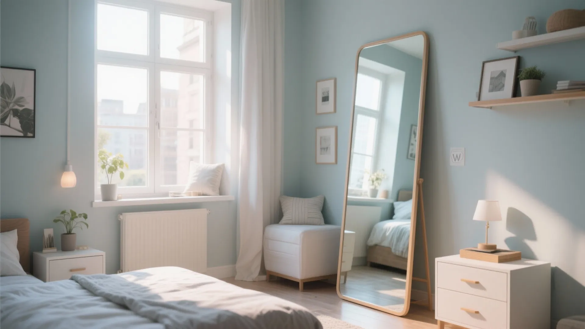 Light blue bedroom featuring a tall floor mirror white cabinet small lamp and large bright window