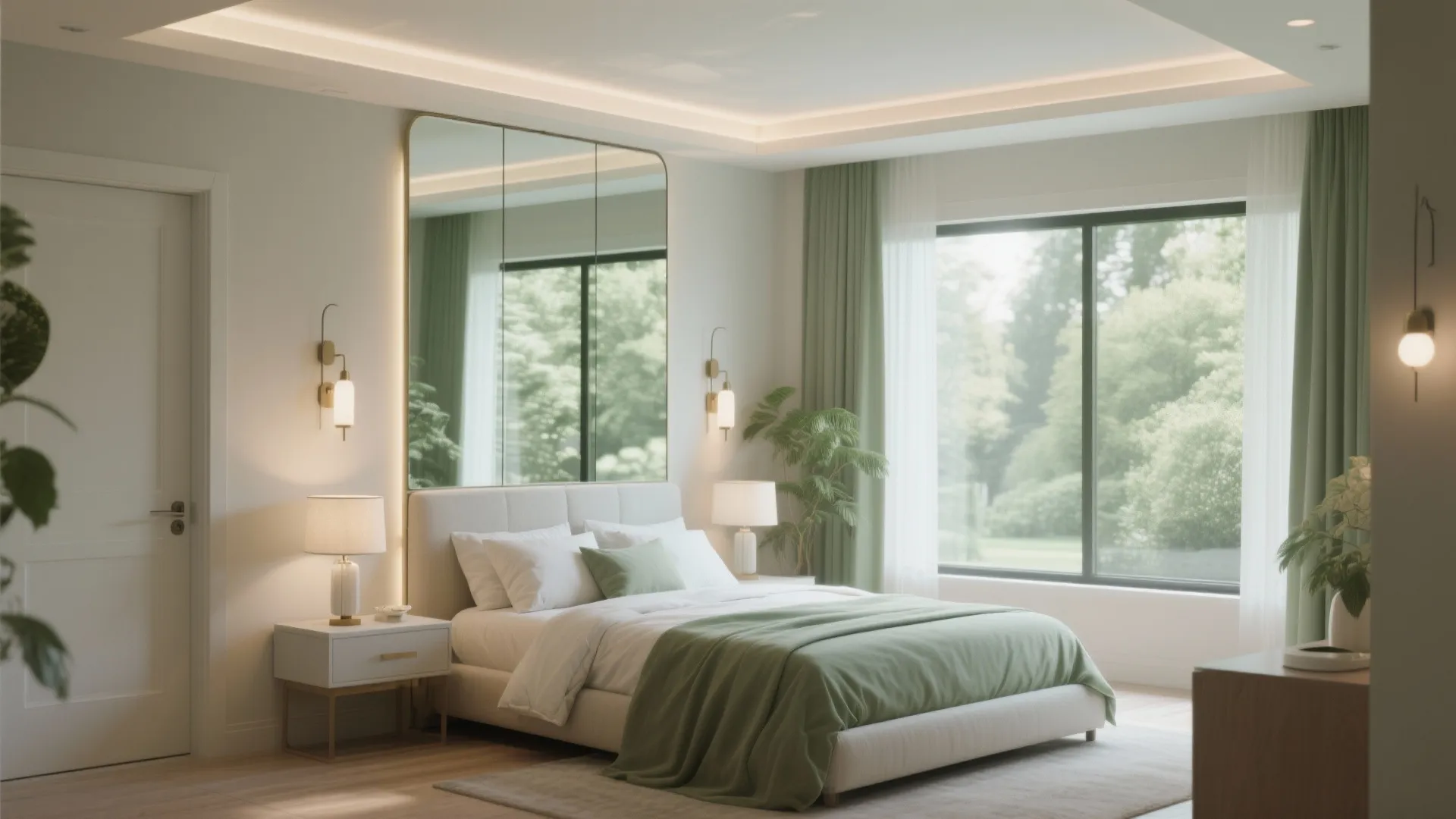 Bedroom using a large mirror and layered lighting to create airy perception and clear sightlines in a compact space.