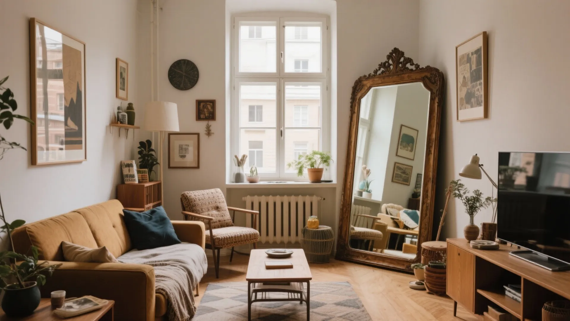 Large vintage mirror reflecting light in eclectic living room