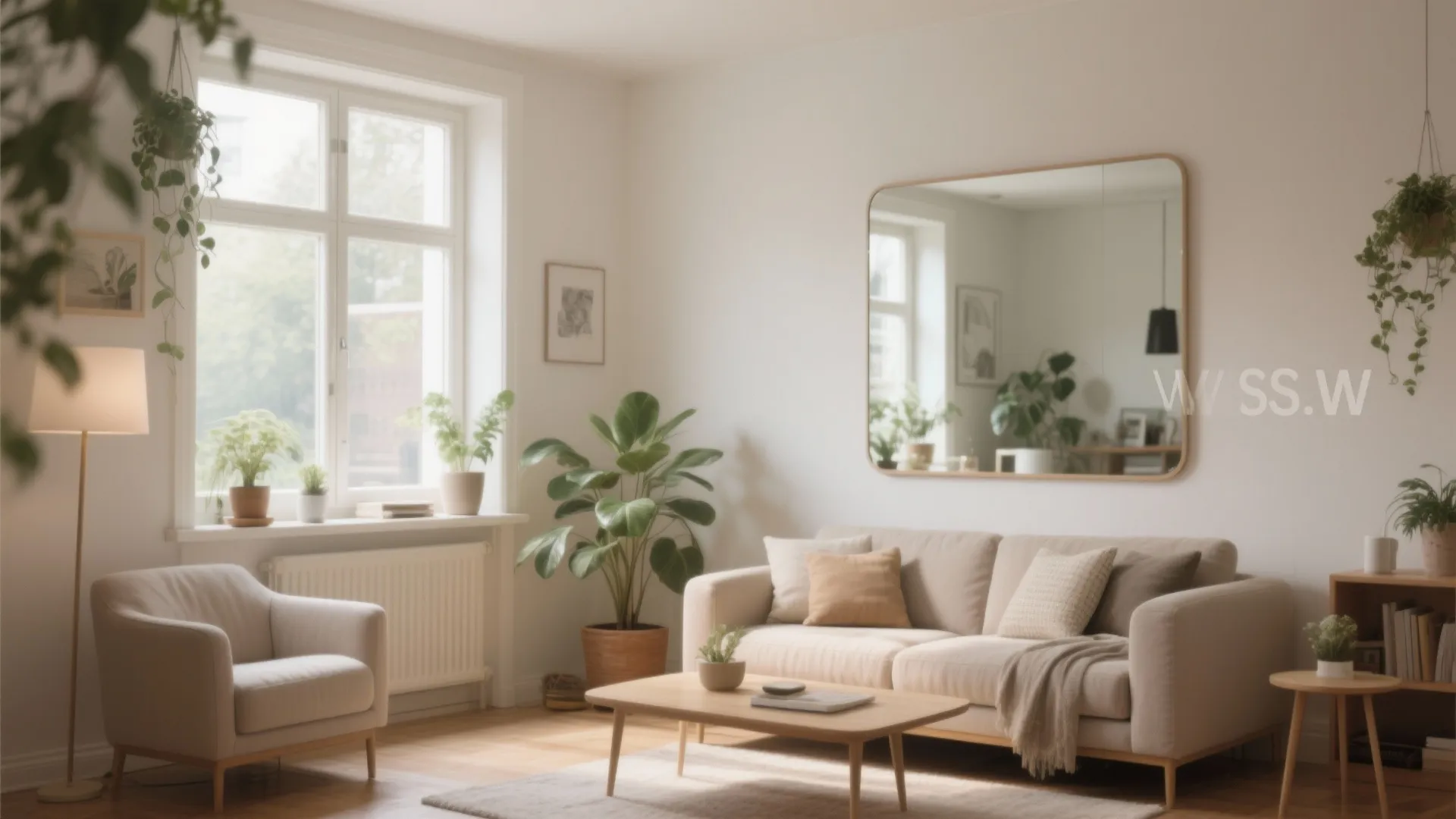 Small living room with large mirror to enhance light and space