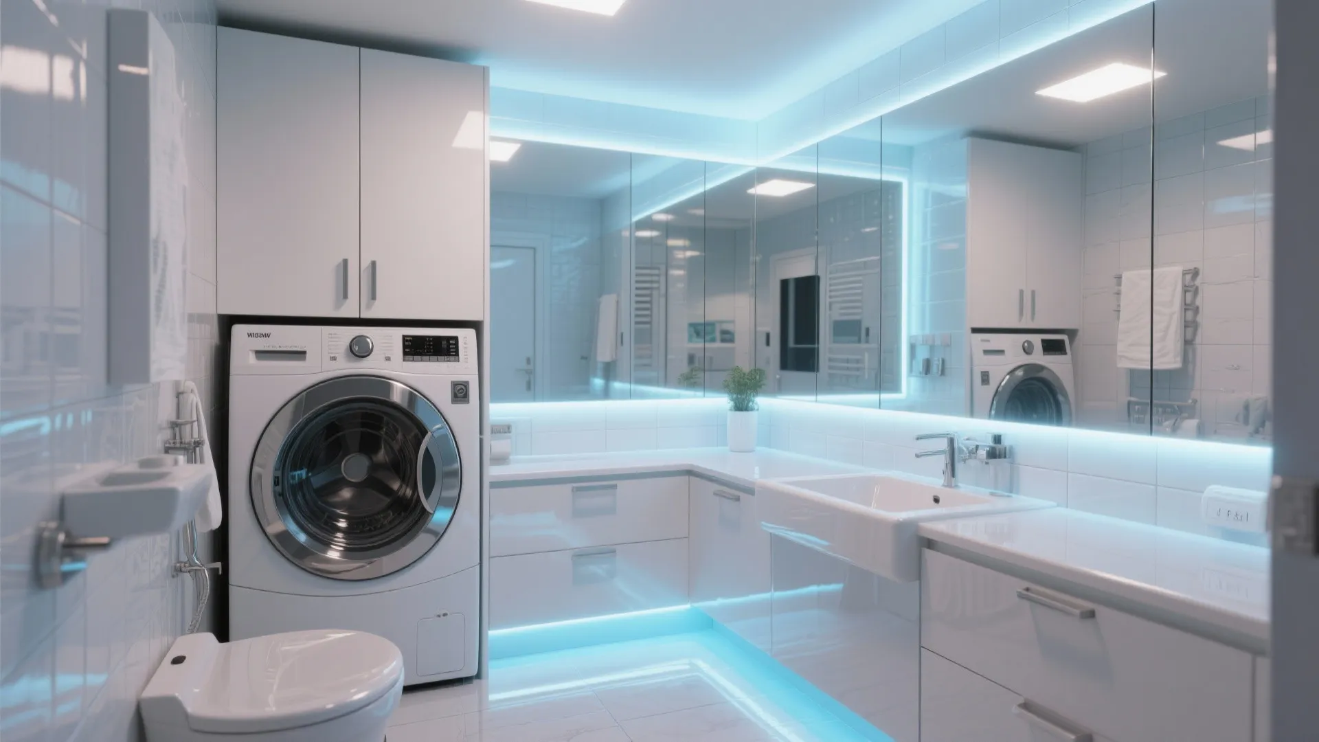 Futuristic bathroom featuring blue led strip lights around large mirrors with an integrated washing machine