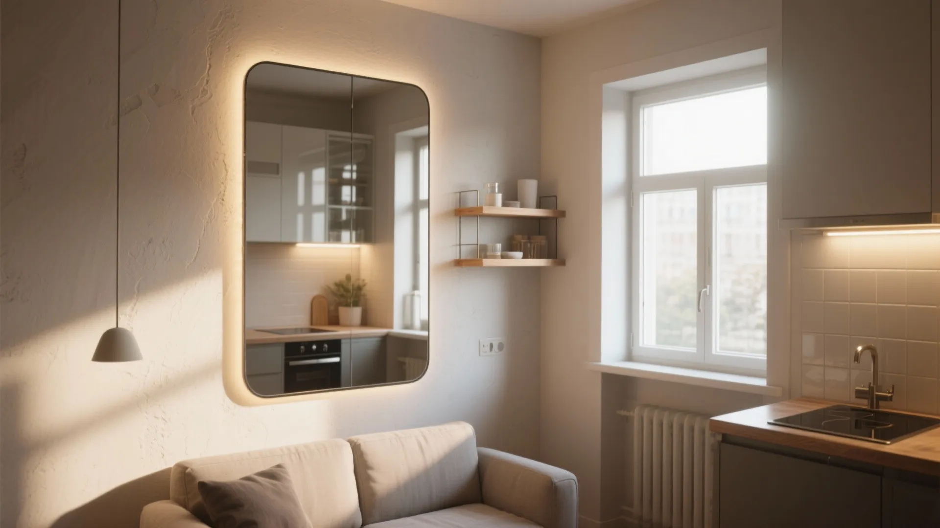 Living nook with a large mirror reflecting natural and accent lighting to increase perceived space.