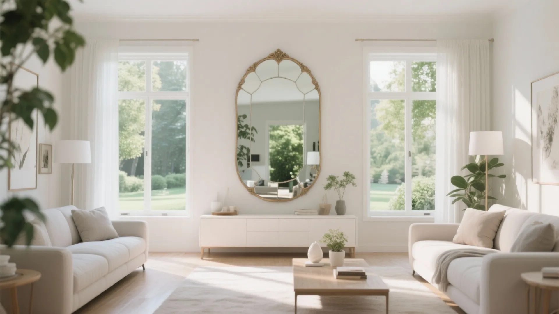 Mirror placement reflecting window view in living room
