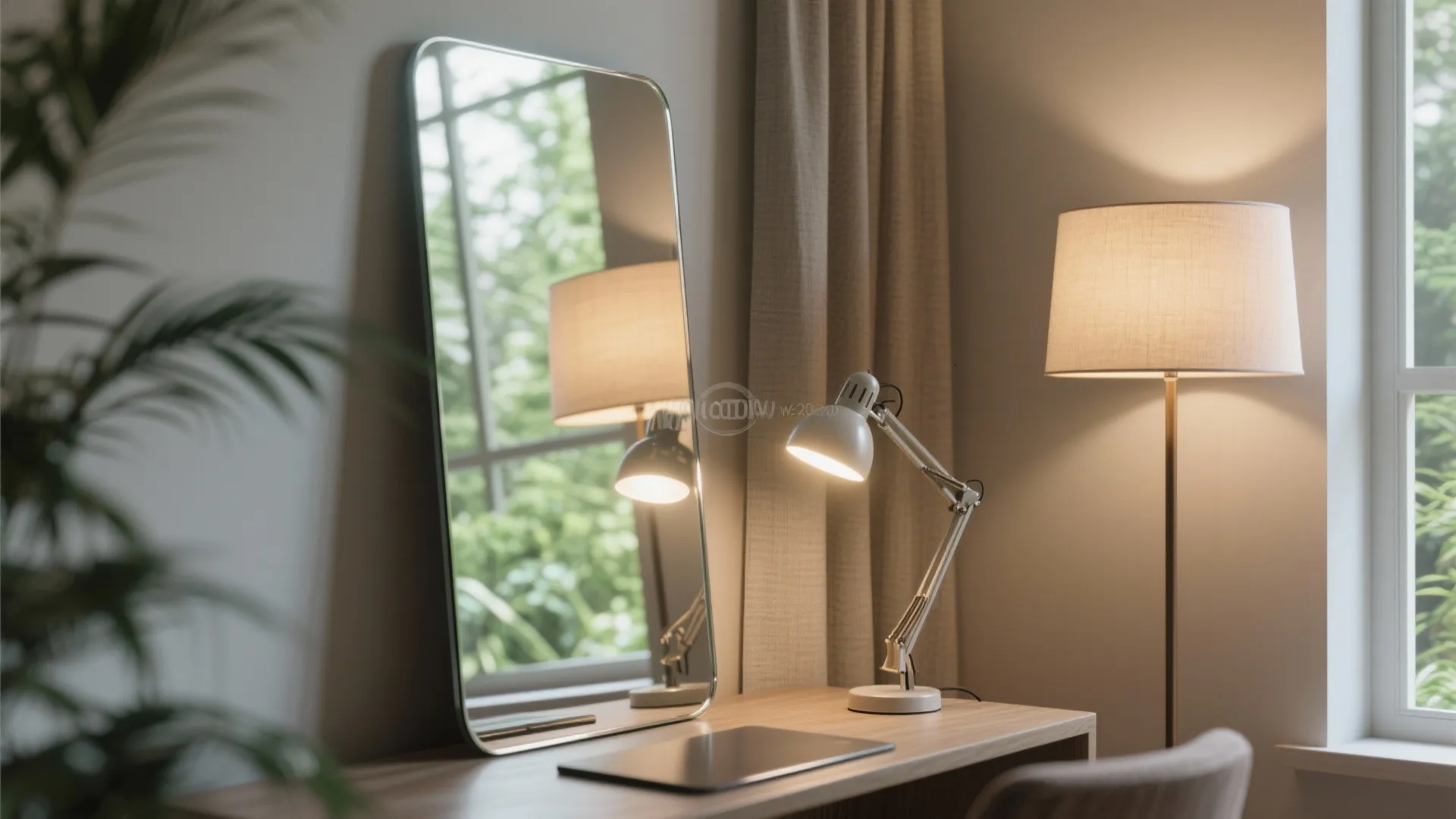 Large mirror on wooden desk reflects desk lamp beside floor lamp and window with curtains